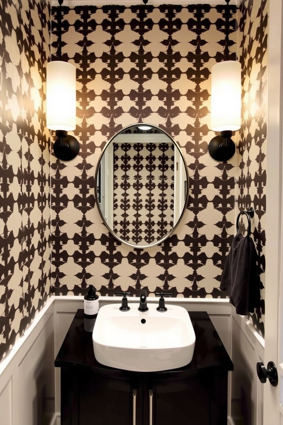 A chic powder room featuring white wainscoting that elegantly contrasts with bold black trim. The space is adorned with a sleek black vanity topped with a white marble sink and a stylish round mirror above it. The walls are painted in a soft white, enhancing the brightness of the room while the black accents add depth. A luxurious black and white patterned rug lies on the floor, complementing the overall design aesthetic.