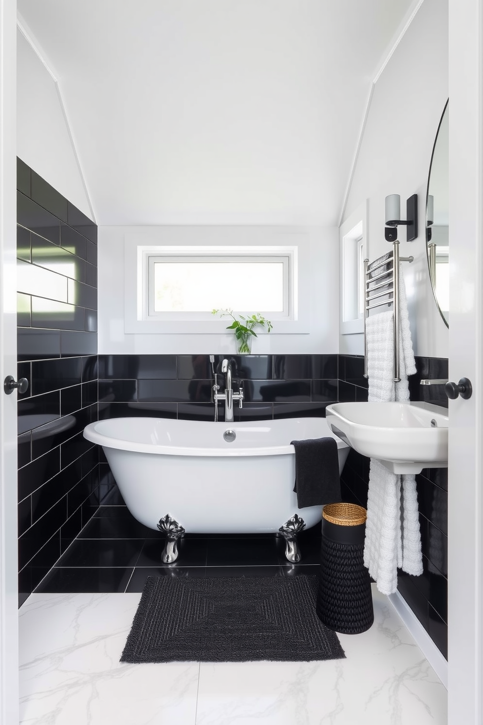 Open shelving displays an array of black and white decor items, including vases, books, and framed art. The walls are painted in a crisp white, creating a bright and airy atmosphere that complements the monochromatic theme. The powder room features a sleek black vanity with a white vessel sink, accented by stylish black hardware. A statement mirror with a geometric design hangs above the sink, enhancing the modern aesthetic of the space.