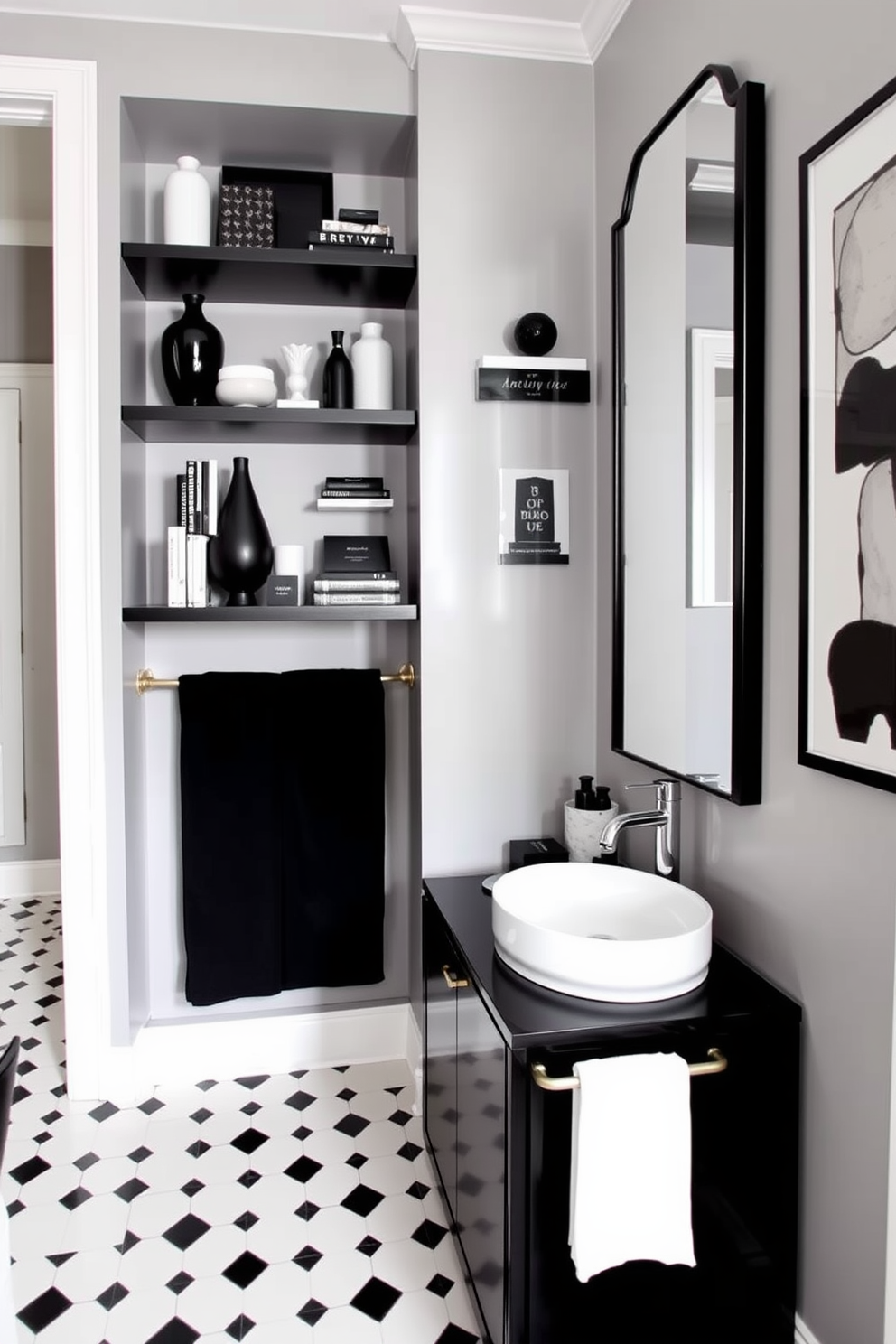 Artistic wall decals add a playful touch to the space, featuring whimsical designs that enhance the overall aesthetic. The black and white powder room embraces bold contrasts with sleek fixtures and elegant accessories, creating a sophisticated yet fun atmosphere.