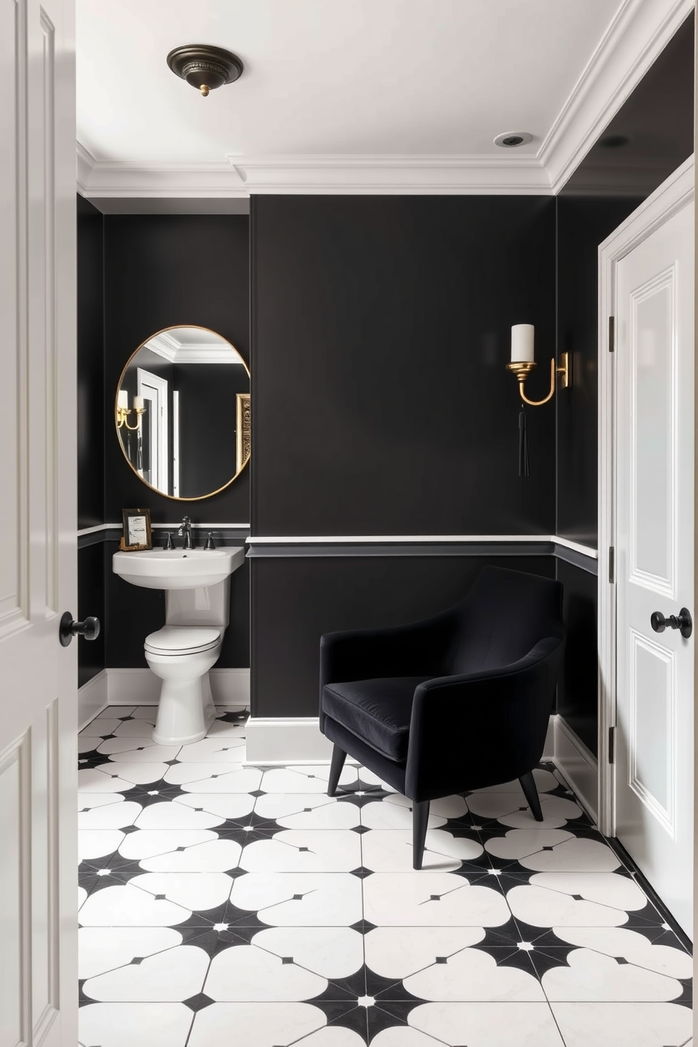 A stylish powder room featuring contemporary black and white art pieces adorning the walls. The space includes a sleek black vanity with a white sink and a large round mirror framed in black. The flooring is a striking black and white geometric tile pattern that complements the overall design. Soft lighting highlights the art pieces, creating an inviting and sophisticated atmosphere.