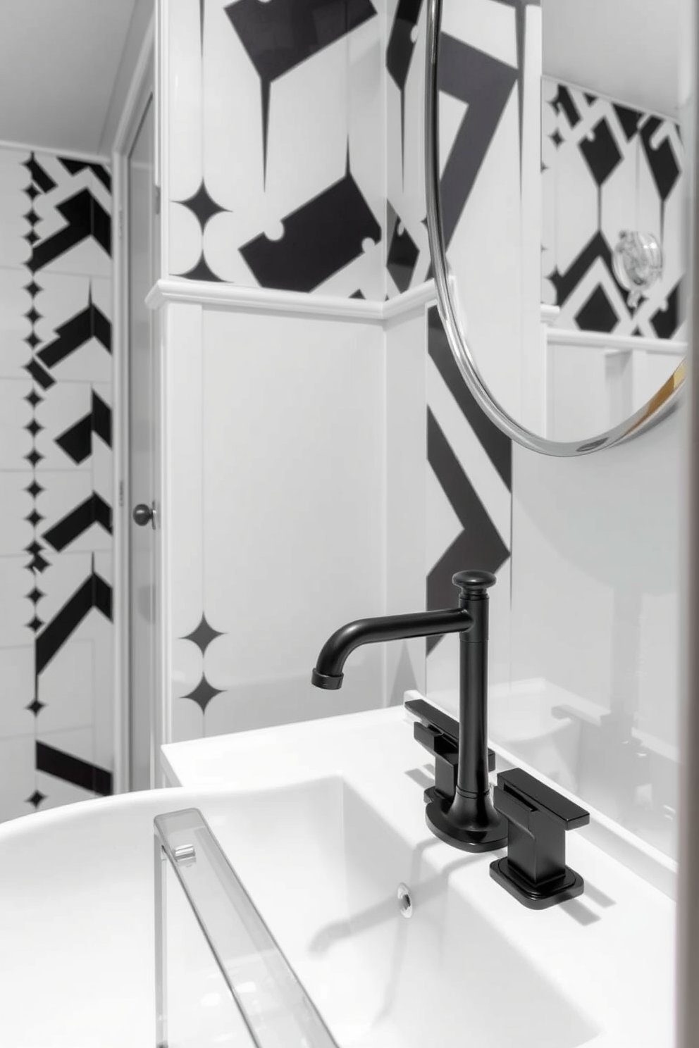 A stylish wall-mounted sink is the focal point of this black and white powder room. The sleek design features integrated storage beneath the sink, maximizing space while maintaining a modern aesthetic. The walls are adorned with bold black and white geometric patterns, creating a striking visual contrast. A round mirror with a minimalist frame hangs above the sink, reflecting the elegant simplicity of the room.