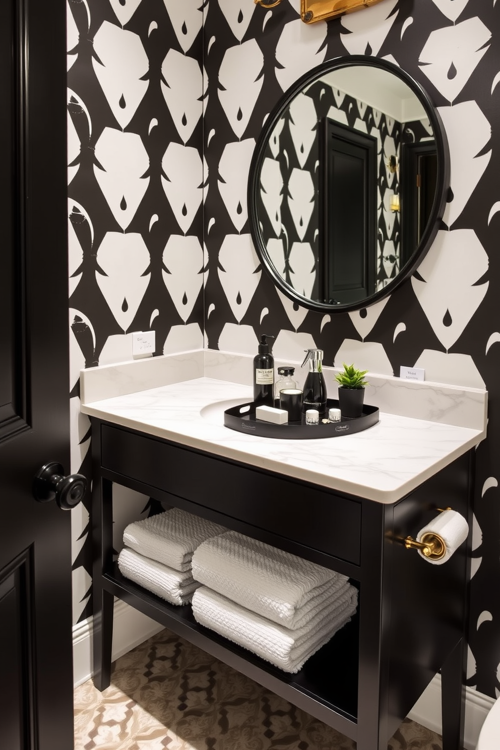 A bold black accent wall creates a dramatic focal point in the powder room. The space features sleek white fixtures and a stylish black and white patterned floor that enhances the overall design. The vanity is a modern piece with clean lines, topped with a white marble surface. Decorative elements such as a chic mirror and elegant lighting fixtures add sophistication to the room.