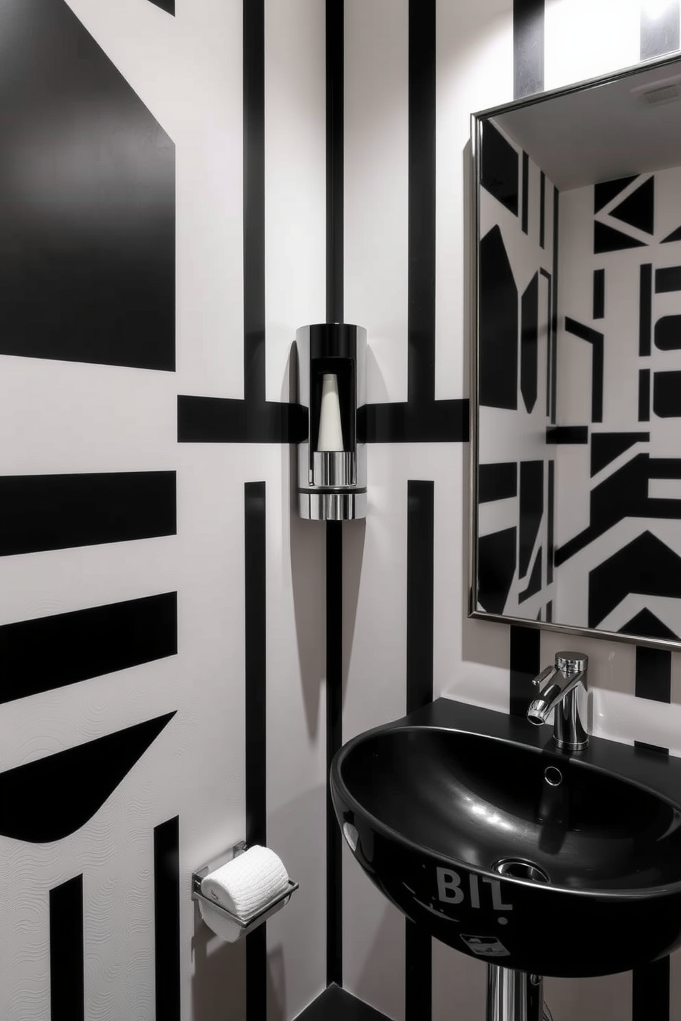 A traditional powder room featuring white beadboard walls that add a touch of classic charm. The space is accented with black and white elements, including a striking black vanity with a white marble countertop and elegant fixtures.