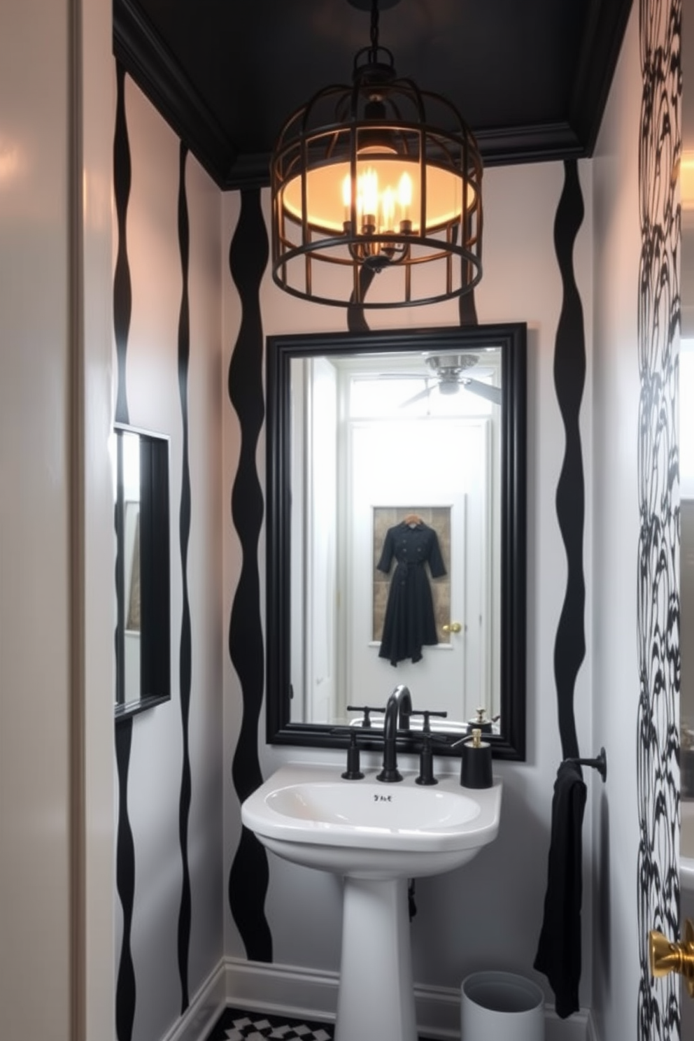 A chic powder room featuring black and white patterned floor tiles that create a striking visual impact. The walls are adorned with crisp white paneling, complementing a sleek black vanity with a polished white sink. Above the vanity, an ornate round mirror with a black frame hangs elegantly. Soft lighting from a contemporary fixture casts a warm glow, enhancing the monochromatic theme of the space.