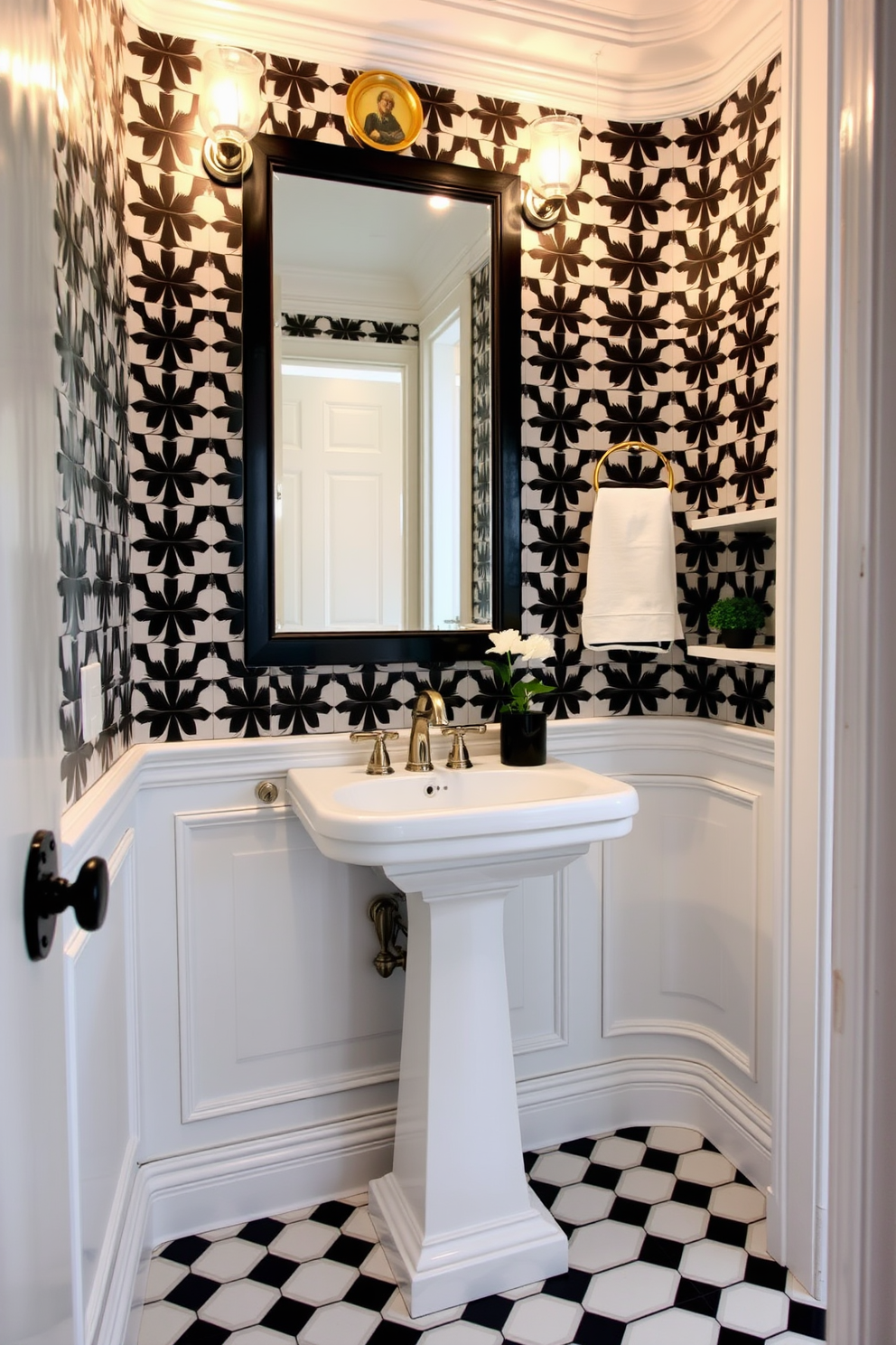 A stylish powder room featuring a striking black and white color scheme. Sculptural black accessories are strategically placed throughout the space to create visual interest and enhance the overall aesthetic. The walls are adorned with bold black and white patterns, while the fixtures maintain a sleek and modern look. A minimalist black sculpture sits on the countertop, adding a touch of elegance to the design.