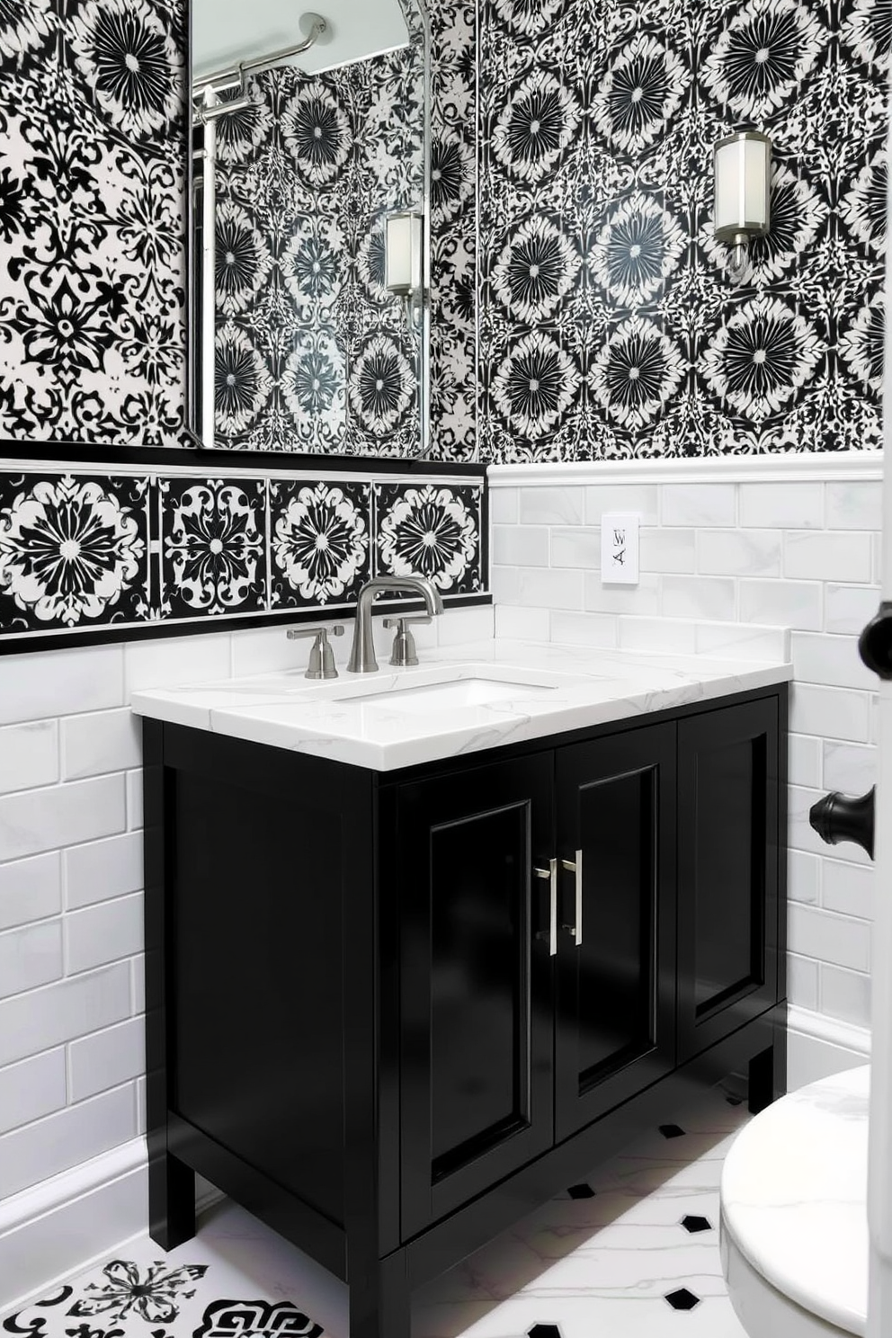 A striking powder room featuring a unique light fixture with a sleek black finish hanging elegantly from the ceiling. The walls are adorned with a bold black and white wallpaper pattern, complementing the stylish black and white accents throughout the space.