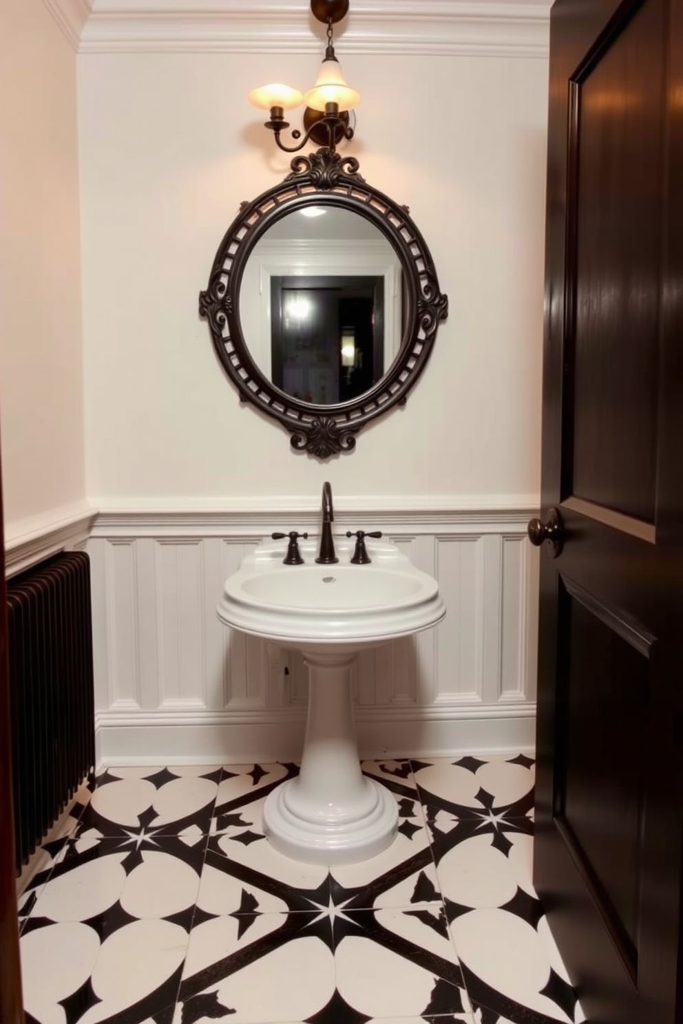 A chic powder room featuring white porcelain tiles that create a clean and modern aesthetic. The space is accented with bold black fixtures and accessories, providing a striking contrast that enhances the overall design. The walls are adorned with elegant black wallpaper, adding depth and sophistication to the room. A stylish black vanity with a sleek white sink complements the tile flooring while offering functional storage space.