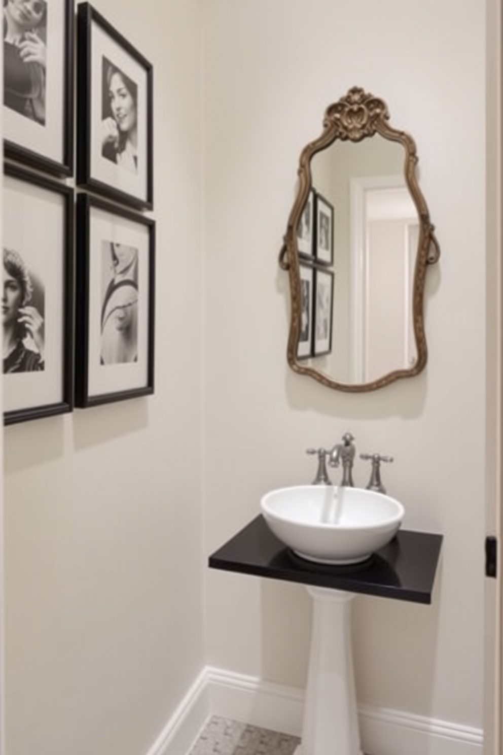 A stylish powder room featuring layered textures with plush black towels elegantly displayed. The walls are adorned with a striking black and white wallpaper pattern, complemented by a sleek white vanity with a black sink.