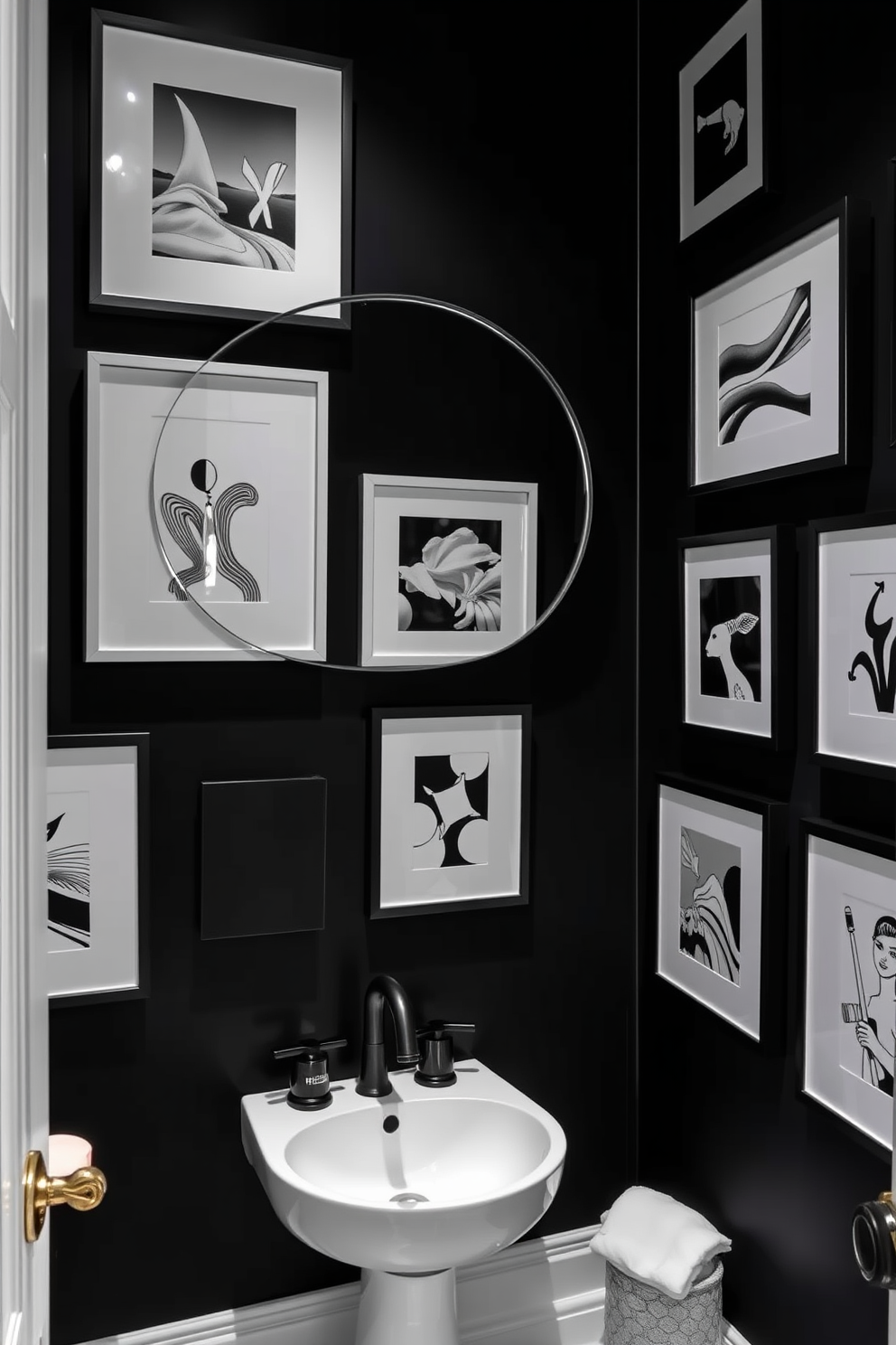 An elegant pedestal sink with sleek black fixtures serves as the centerpiece of a stylish powder room. The walls are adorned with a sophisticated black and white wallpaper pattern, creating a striking contrast that enhances the overall aesthetic. The floor features classic black and white checkered tiles, adding a timeless touch to the design. A round mirror with a black frame hangs above the sink, reflecting the room's chic ambiance while a small potted plant adds a pop of greenery.