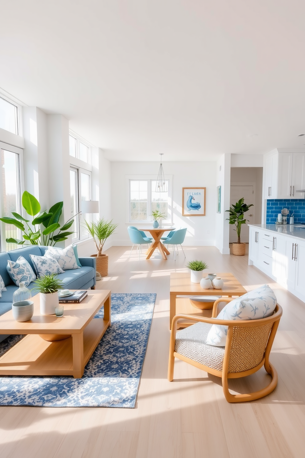 A bright and airy living room with coastal blue accents. The walls are painted in a soft white, and the furnishings include a plush blue sofa paired with light wooden coffee tables. Decorative pillows with ocean-inspired patterns add a touch of charm. Large windows allow natural light to flood the space, enhancing the serene coastal vibe. The room features a stylish area rug in shades of blue and beige. Potted plants are strategically placed to bring a fresh, vibrant feel to the decor. An open layout connects the living room to a modern kitchen. The kitchen showcases white cabinetry with blue backsplash tiles, creating a cohesive design flow throughout the apartment.