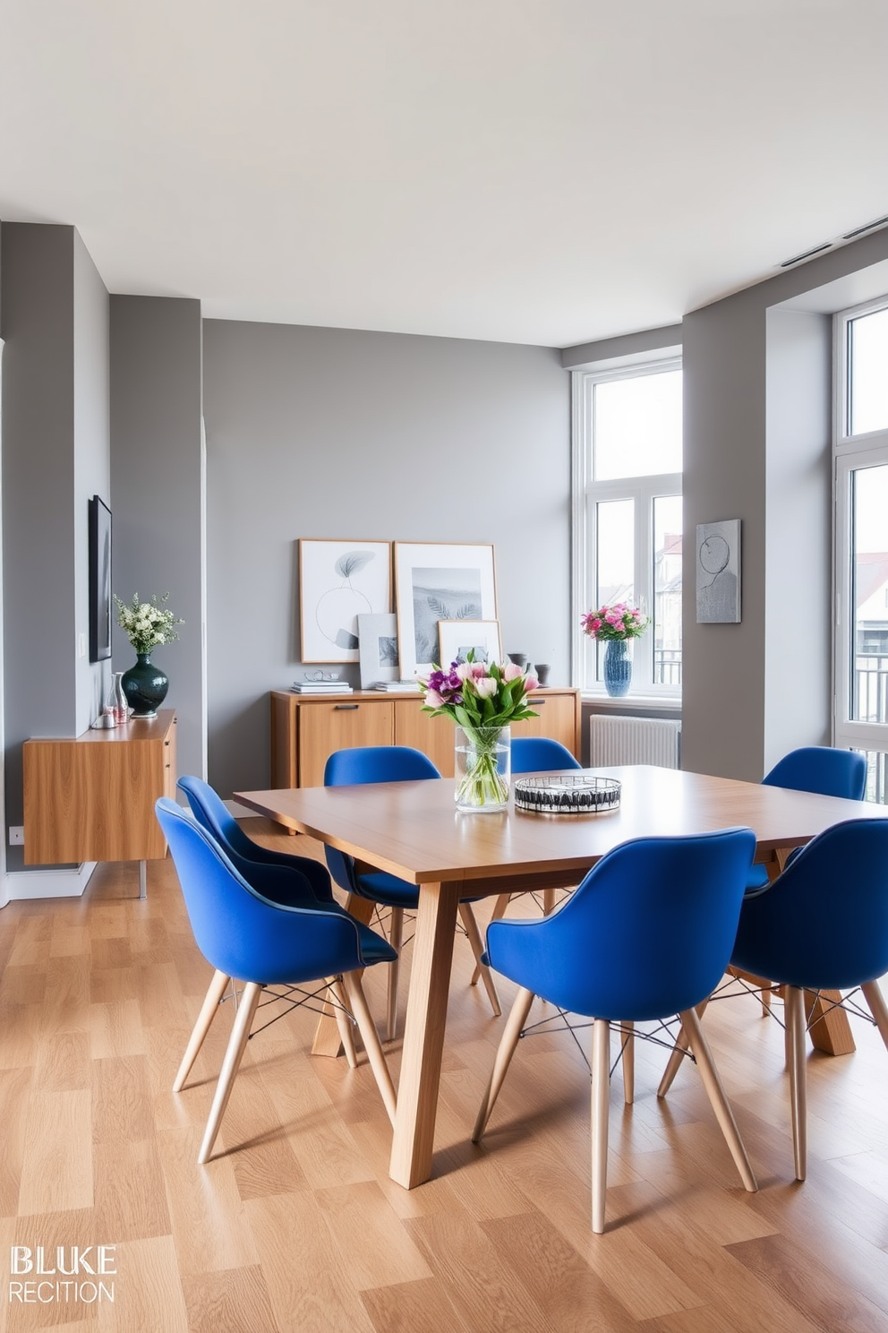 A modern dining area featuring a sleek wooden table surrounded by sapphire blue dining chairs. The walls are painted in a soft gray, and large windows allow natural light to flood the space, highlighting the contemporary decor. In the background, a stylish sideboard complements the color scheme, adorned with decorative items and a vase of fresh flowers. The flooring is a light oak, adding warmth to the overall design of the blue apartment.