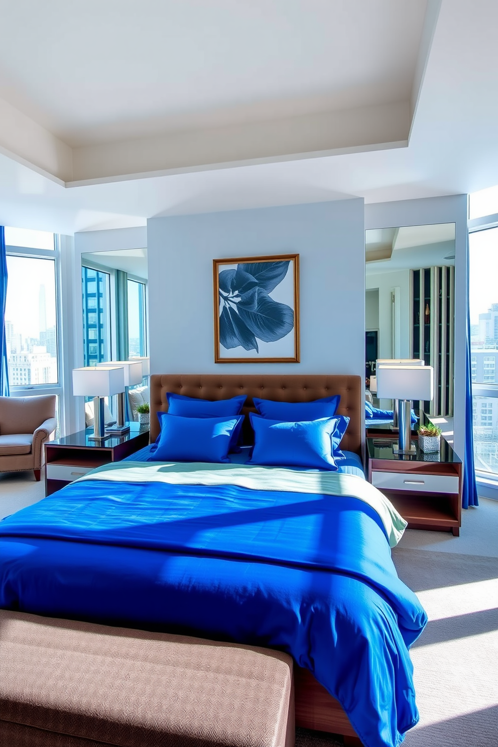 A stunning bedroom featuring a rich cobalt blue bedspread that stands out against soft neutral walls. The bed is flanked by modern nightstands with sleek lamps, creating an inviting atmosphere. The room includes a cozy reading nook by the window with a plush armchair and a small bookshelf. Large windows allow natural light to flood the space, enhancing the vibrant blue accents throughout the apartment.