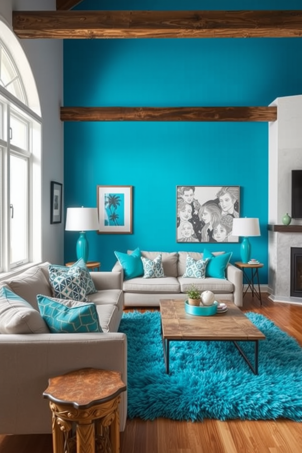 A stylish living room featuring a blue accent wall that creates a bold backdrop. Turquoise accessories such as cushions and artwork add vibrant highlights throughout the space. The furniture is a mix of modern and vintage pieces, including a sleek sofa and a rustic coffee table. A plush turquoise area rug ties the room together, enhancing the cozy atmosphere.