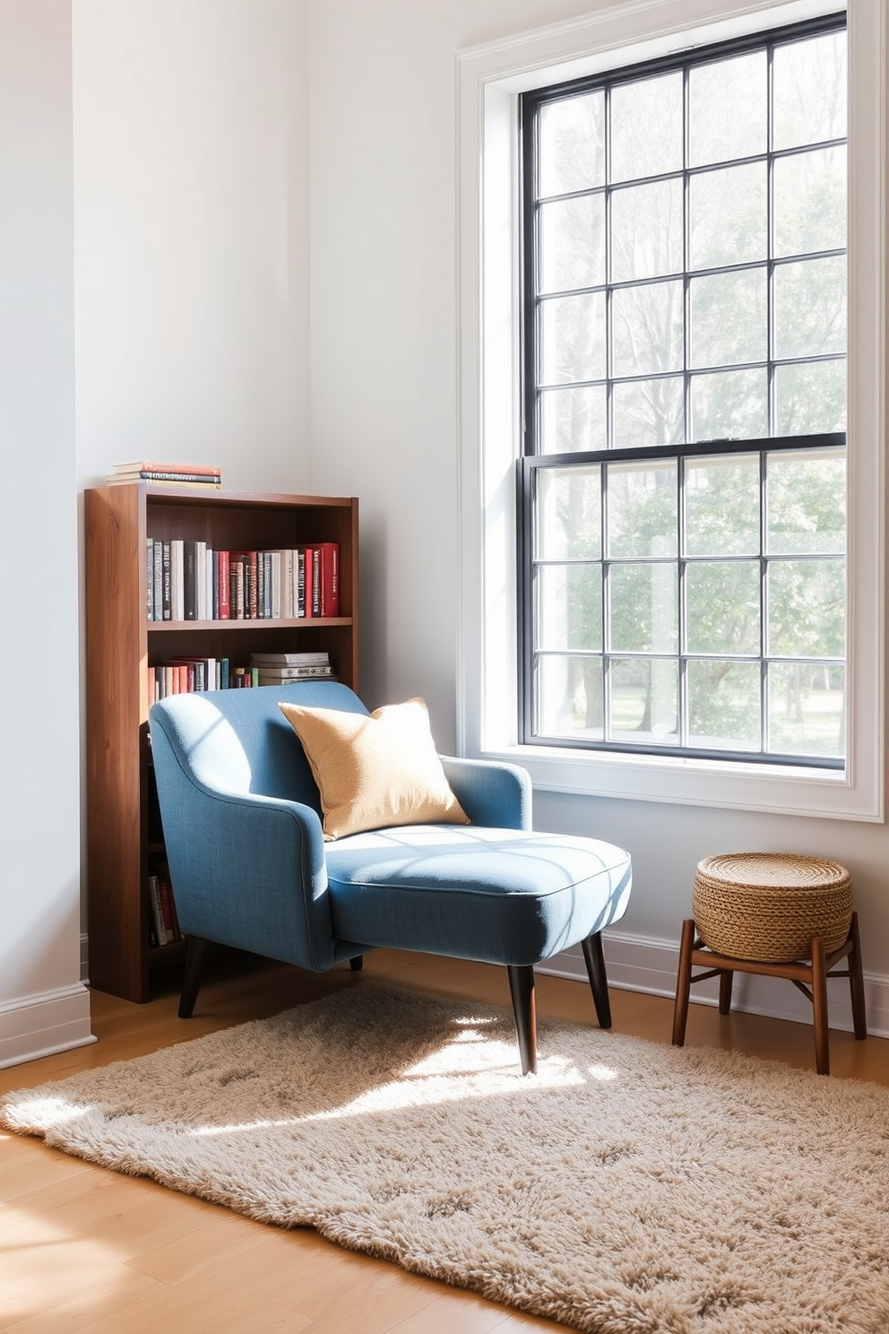 A cozy reading nook featuring a denim blue accent chair positioned near a large window. The walls are painted in soft white, and a small wooden bookshelf filled with books stands beside the chair. Natural light floods the space, creating a warm and inviting atmosphere. A plush area rug in neutral tones lies beneath the chair, adding comfort and style to the design.