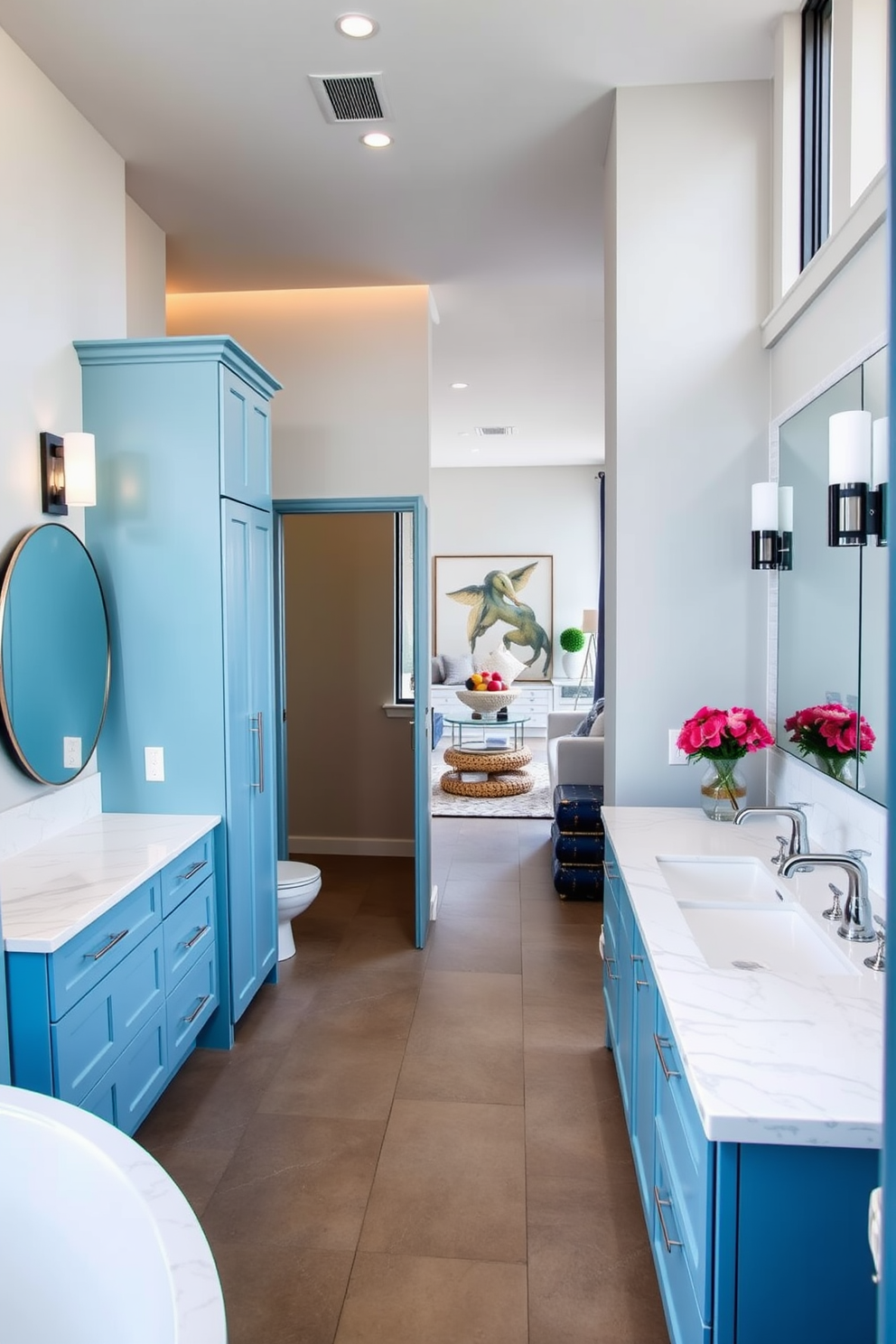 A serene bathroom design featuring ocean blue tiles that cover the walls and floor. The space is accented with sleek white fixtures and a large frosted glass shower enclosure. A modern apartment design showcasing a harmonious blend of blue and neutral tones. The living area features a plush blue sofa, complemented by light wood furniture and large windows that flood the space with natural light.