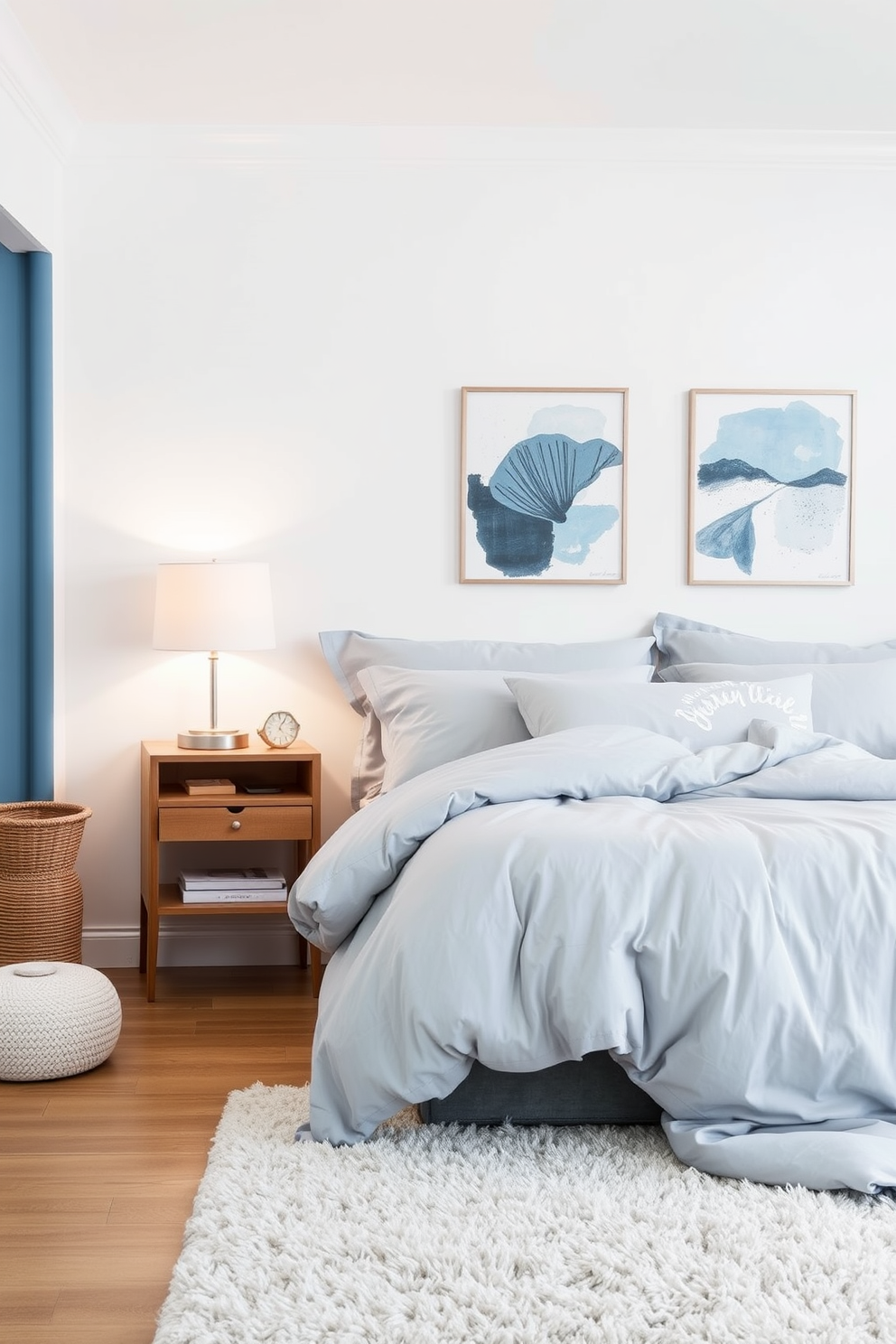 A serene bedroom setting with dusty blue bedding that creates a cozy and inviting atmosphere. The walls are painted in a soft white, complementing the plush textures of the bedding and adding warmth to the space. The room features a stylish blue accent wall adorned with abstract art. A wooden nightstand holds a modern lamp, casting a gentle glow over the room, while a plush area rug anchors the space.