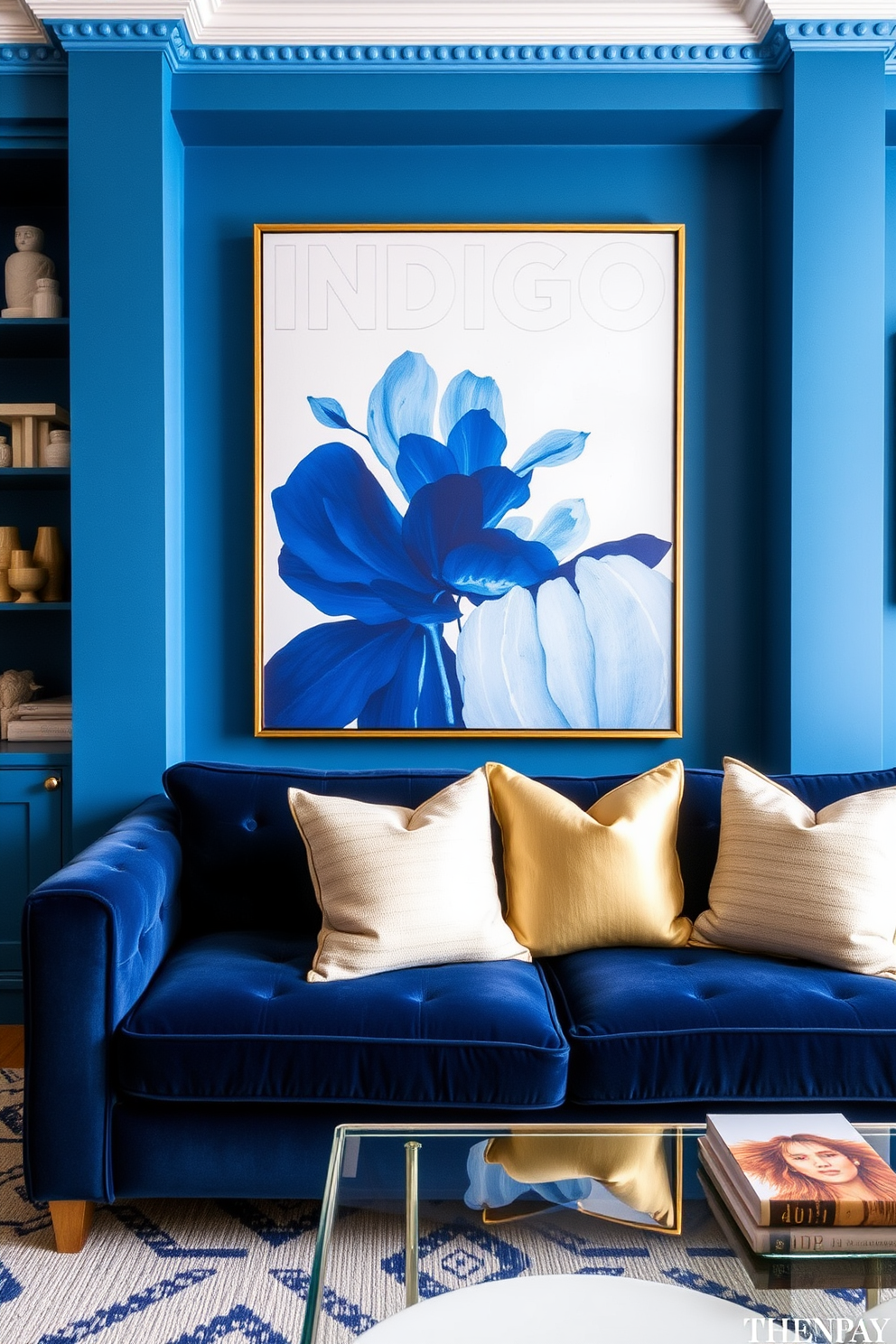 A cozy living room featuring vintage blue ceramics arranged on a rustic wooden shelf. The walls are painted in a soft cream color, and a plush, patterned area rug covers the hardwood floor. The furniture includes a mid-century modern sofa upholstered in a muted gray fabric, complemented by colorful throw pillows. A round coffee table made of reclaimed wood sits in the center, adorned with a stack of art books and a small potted plant.