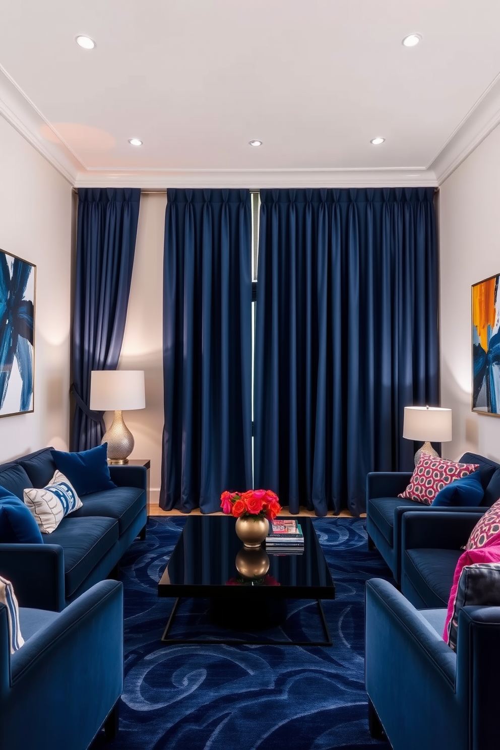 A cozy corner features cerulean throw blankets draped over a plush armchair, inviting relaxation. The walls are adorned with abstract art pieces that complement the blue tones in the room. The apartment design embraces an open layout, with natural light streaming through large windows. Sleek furniture in neutral shades balances the vibrant cerulean accents throughout the space.