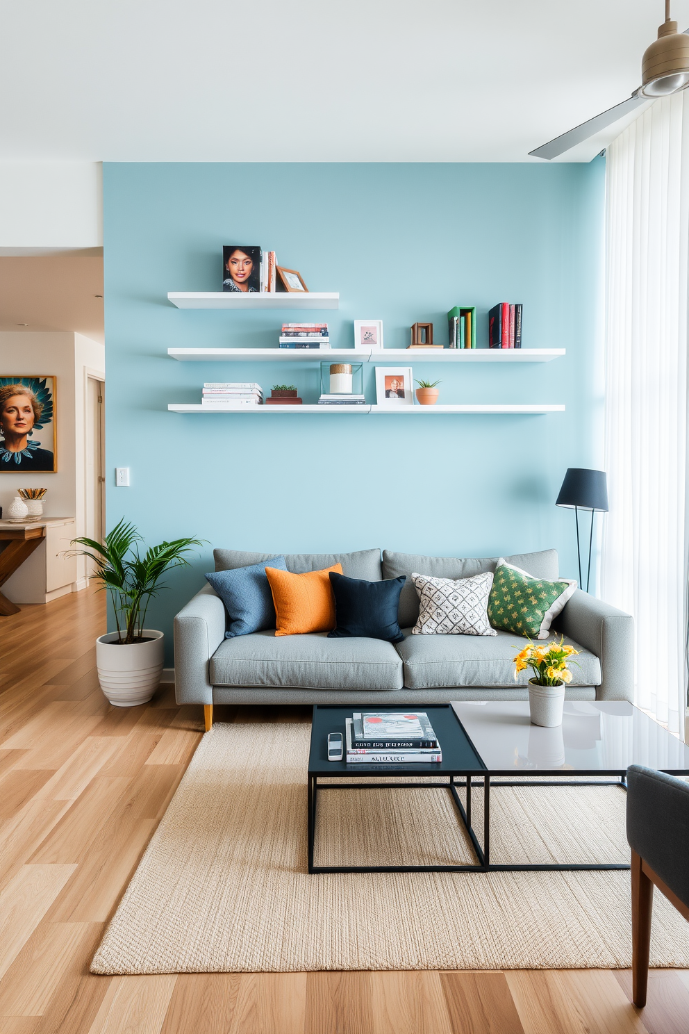 A stylish apartment featuring a light blue accent wall adorned with modern floating shelves. The open layout includes a cozy seating area with a plush sofa and a chic coffee table, complemented by vibrant artwork on the walls.