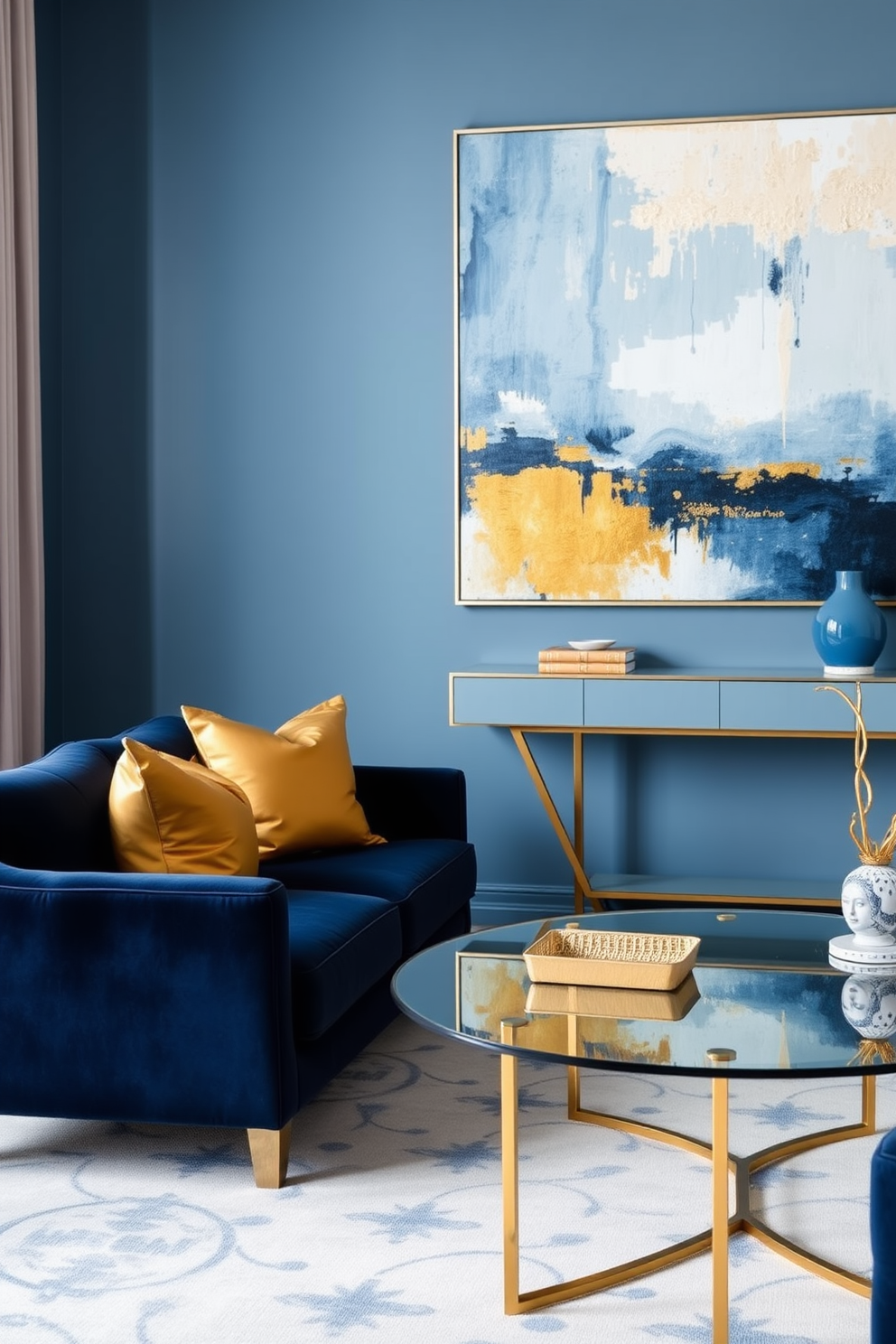 A sophisticated blue apartment setting featuring elegant gold accents. The living area includes a plush navy sofa adorned with gold throw pillows, complemented by a sleek glass coffee table with gold legs. The walls are painted in a soft blue hue, creating a serene atmosphere. A large abstract painting in shades of blue and gold hangs above a stylish console table, enhancing the luxurious feel of the space.