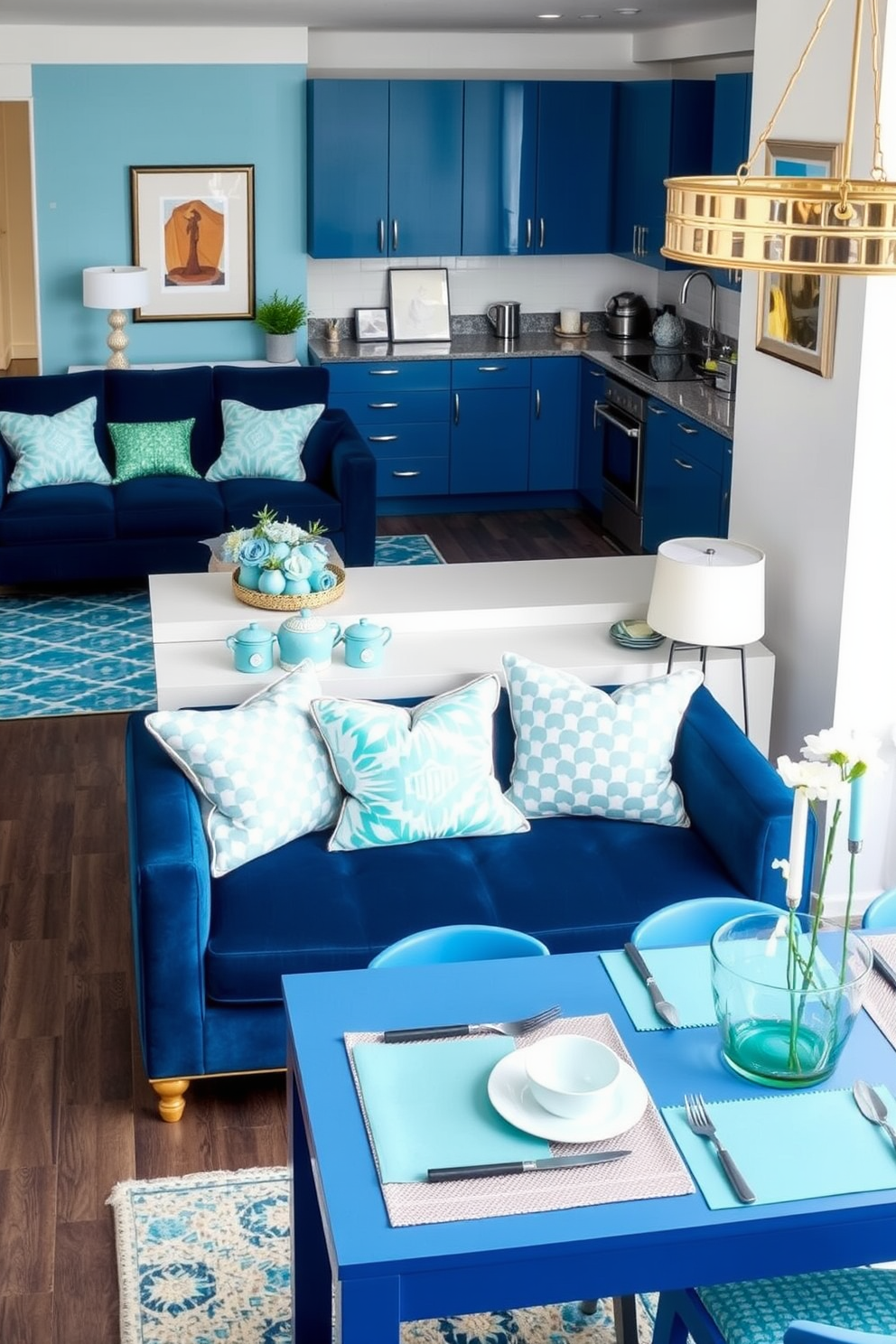 A stylish blue apartment featuring aquamarine accessories that add a fresh twist to the overall decor. The living room showcases a deep blue sofa complemented by aquamarine throw pillows and a vibrant area rug. In the kitchen, sleek blue cabinets are accented with aquamarine dishware and decorative elements. The dining area features a blue table set with aquamarine placemats and stylish tableware, creating a cohesive and inviting atmosphere.