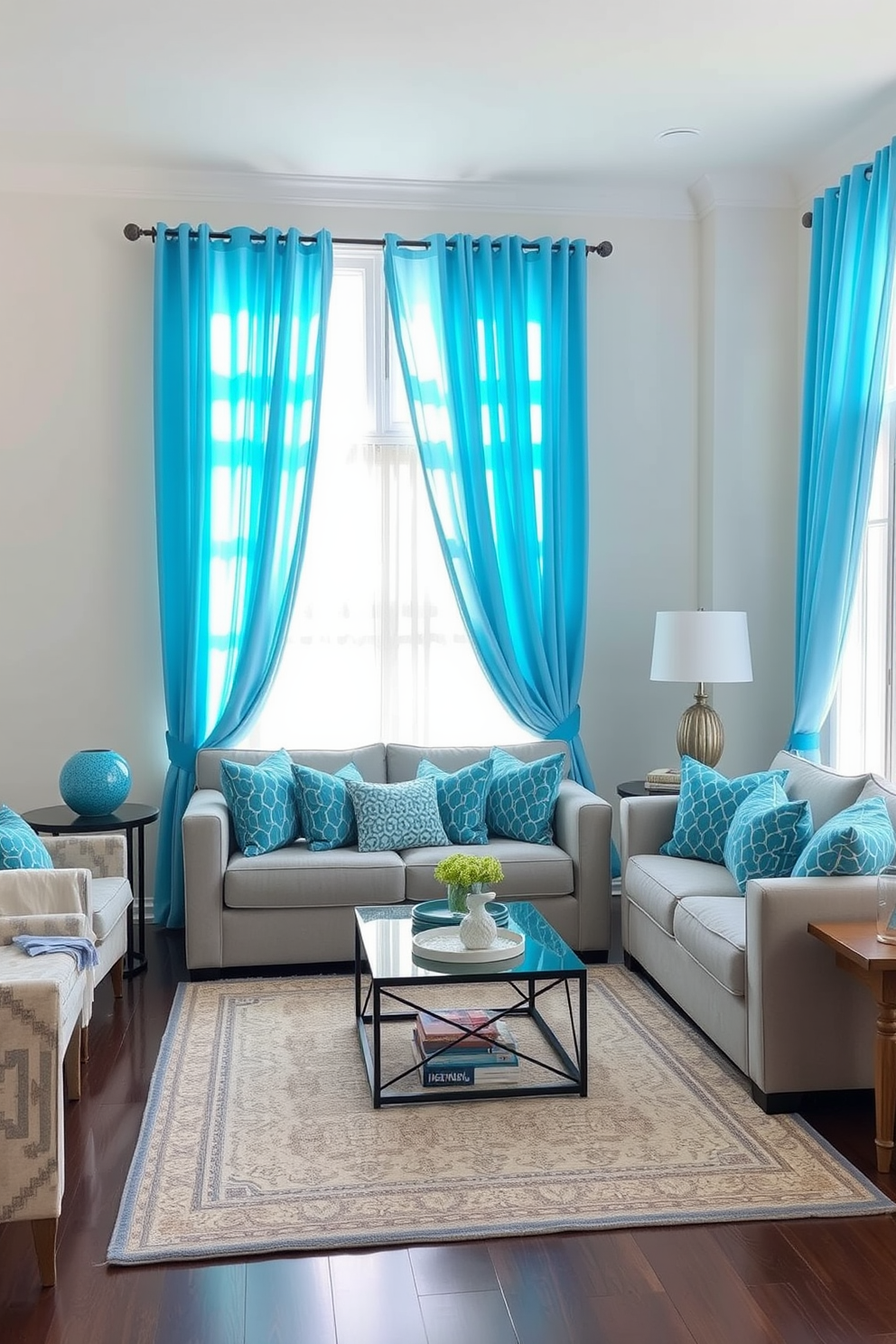 A bright and airy living space featuring sky blue curtains that gently filter sunlight, creating a serene and uplifting atmosphere. The walls are painted in a soft white, complementing the vibrant blue accents throughout the room. The furniture includes a plush light gray sofa adorned with blue and white patterned throw pillows. A stylish coffee table sits in the center, surrounded by a cozy area rug that ties the design together.