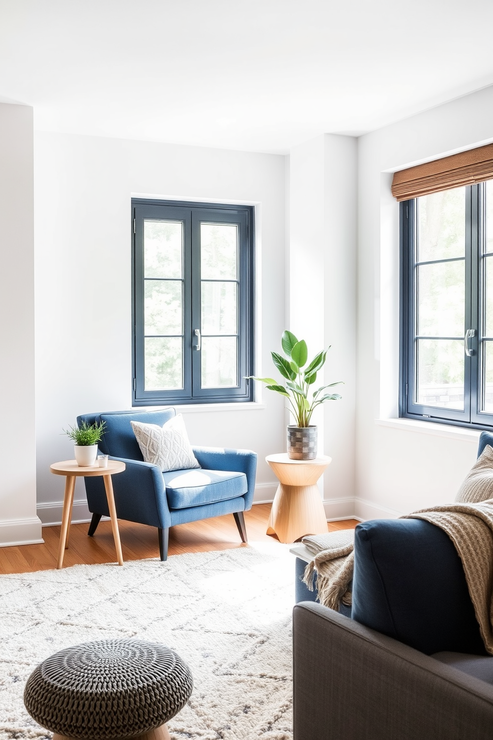 A stylish living room featuring a slate blue armchair positioned in a cozy corner. The walls are adorned with soft white paint, and a large window allows natural light to fill the space, enhancing the inviting atmosphere. The armchair is complemented by a sleek side table made of light wood, topped with a small potted plant. A plush area rug in neutral tones anchors the seating area, creating a harmonious balance in the blue apartment design.