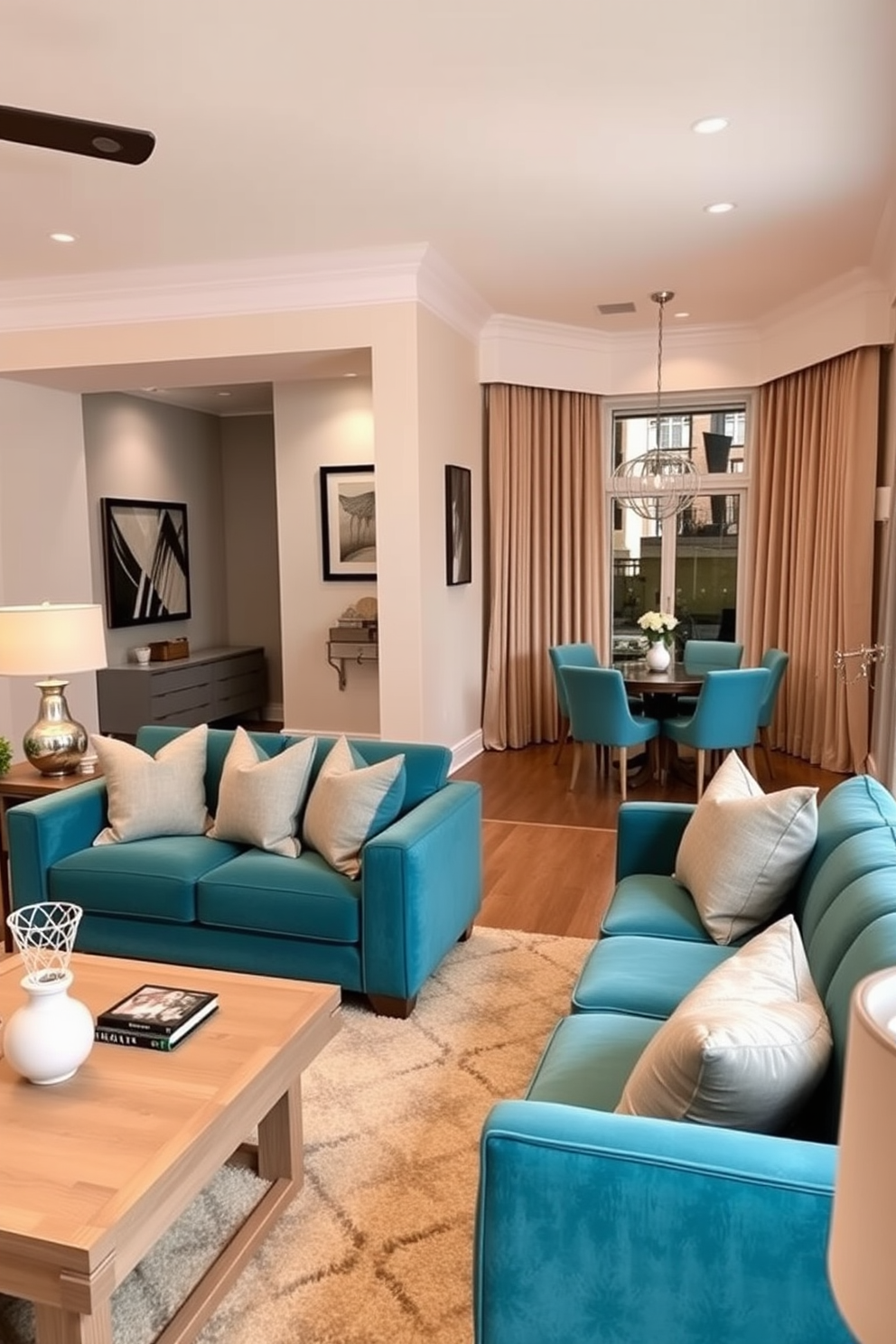 A stylish living room featuring teal furniture that contrasts beautifully with neutral-toned walls and accents. The space includes a plush teal sofa, complemented by beige and gray throw pillows, and a light wood coffee table at the center. Adjacent to the living area, a cozy dining nook showcases a round table with teal chairs surrounded by soft beige curtains. The overall ambiance is enhanced by warm lighting and decorative elements that tie the color scheme together.