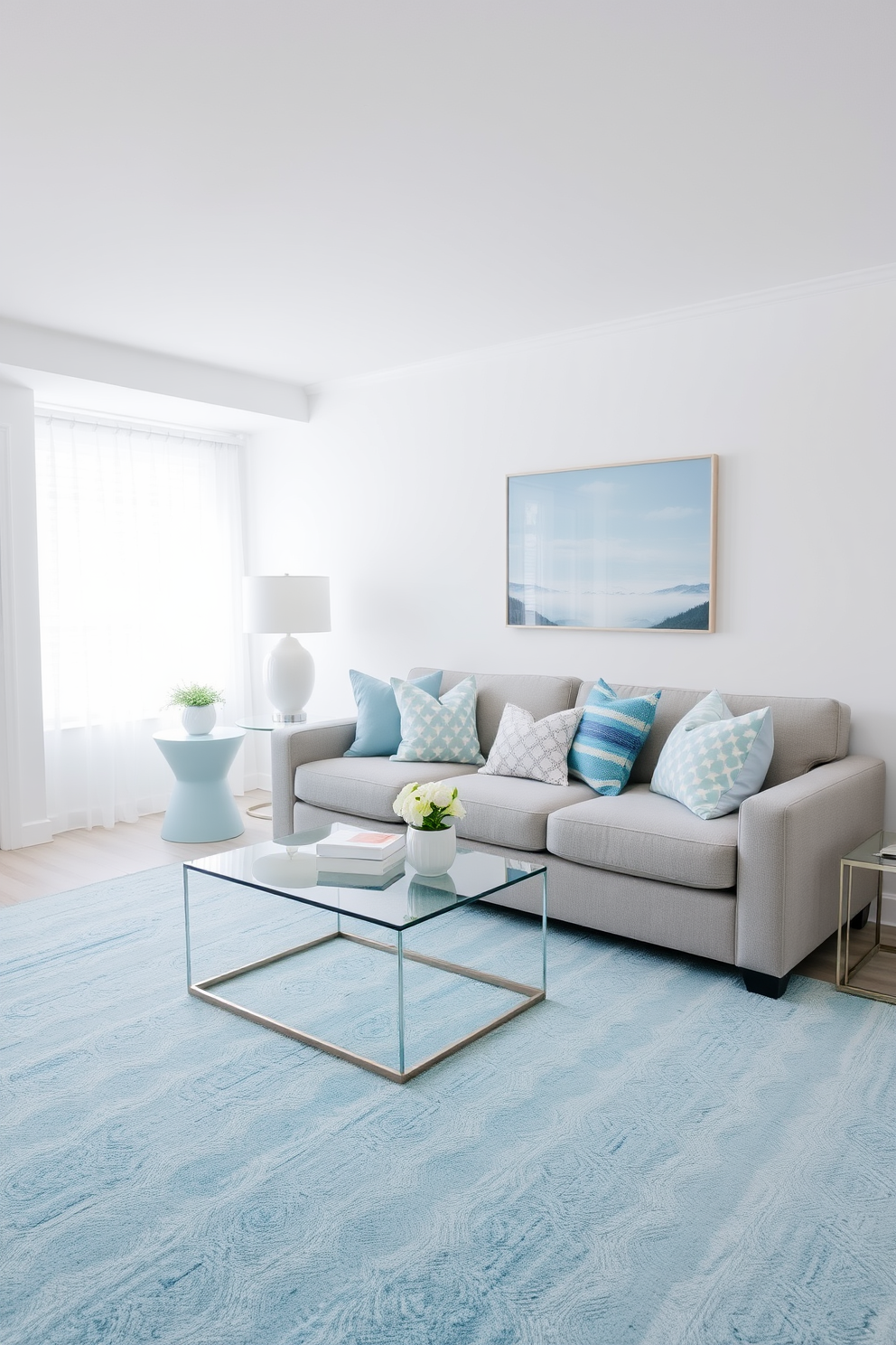 A bright and airy living room featuring a light blue rug that adds a pop of color to the space. The walls are painted in soft white, complementing the light blue accents throughout the room. The furniture includes a plush gray sofa adorned with light blue and white throw pillows. A sleek glass coffee table sits atop the rug, creating an inviting atmosphere for relaxation and socializing.