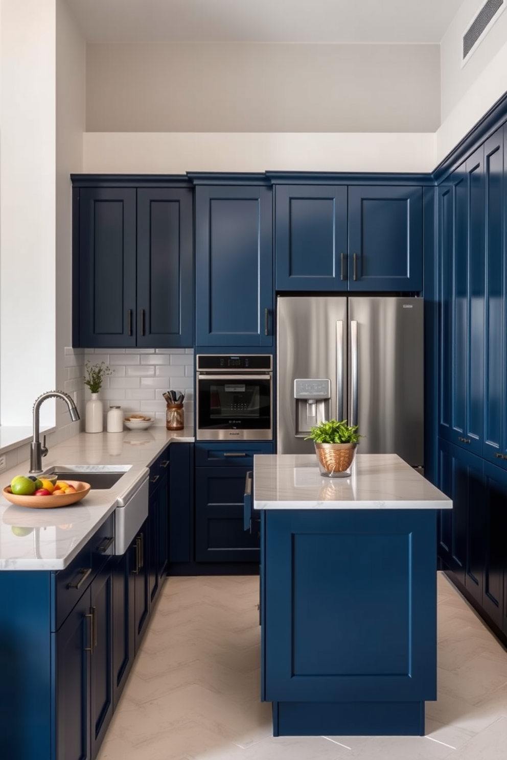 A stylish kitchen featuring dark blue cabinets that exude elegance. The countertops are a light marble, providing a striking contrast to the deep hues of the cabinetry. The backsplash is a subtle white subway tile, enhancing the overall sophistication of the space. A central island with bar seating invites casual dining and socializing, completing this chic apartment design.