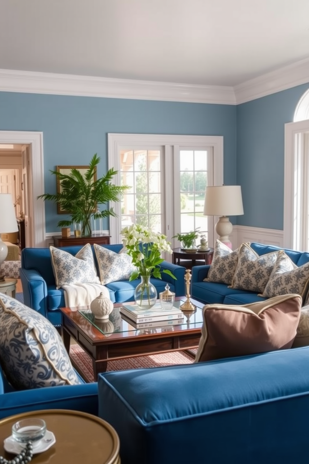 A cozy living room featuring a blue and white color scheme. The space is adorned with patterned throw pillows that add a touch of elegance to the blue sofa. Natural light floods the room through large windows, highlighting the soft textures of the furnishings. A stylish coffee table sits in the center, surrounded by tasteful decor and greenery.