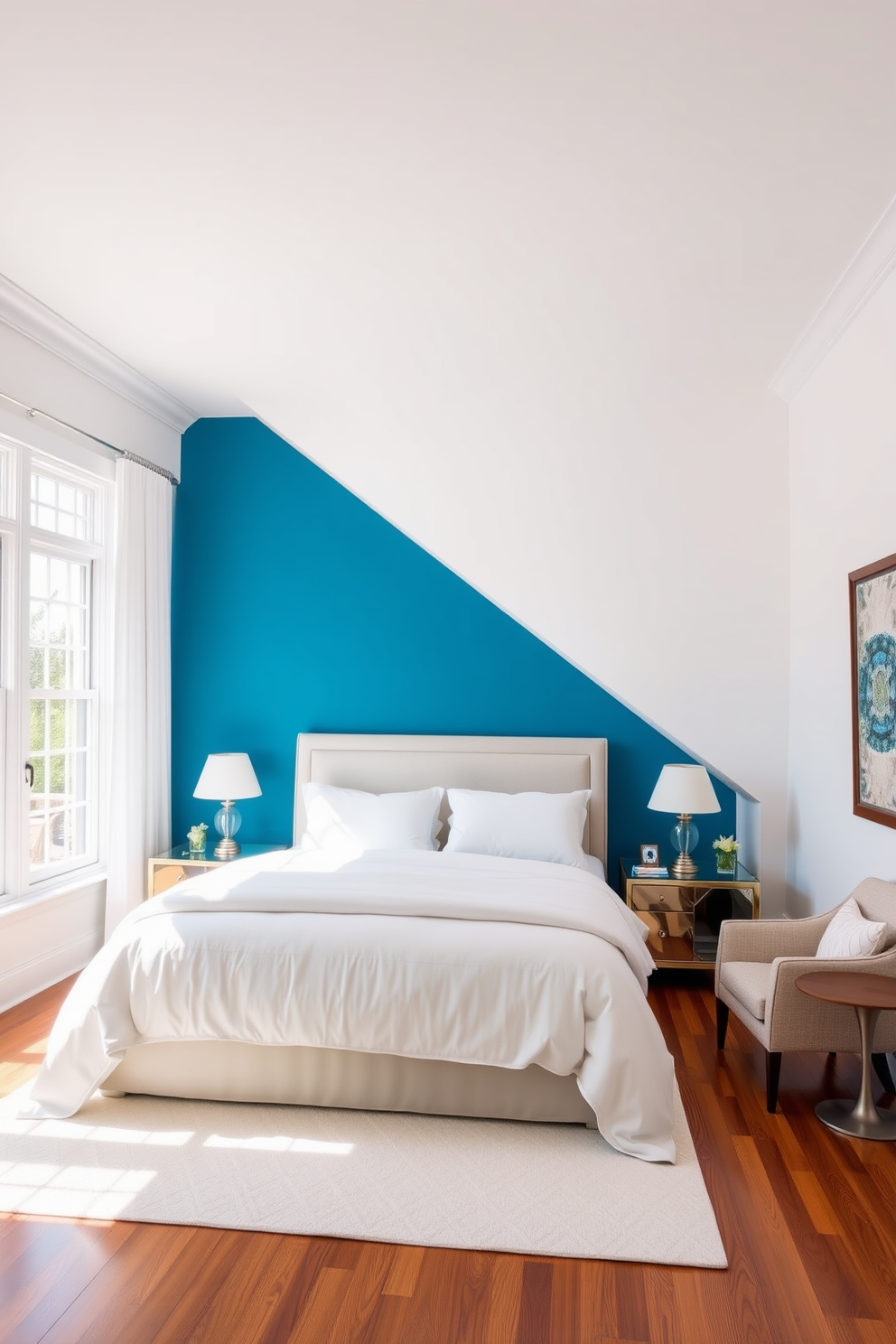 A serene bedroom featuring a striking cerulean accent wall that adds depth and character to the space. The room is furnished with a plush bed dressed in soft white linens and complemented by elegant nightstands on either side. Natural light floods the room through large windows, highlighting the warm wooden flooring. A cozy reading nook is created with a stylish armchair and a small side table, inviting relaxation and comfort.