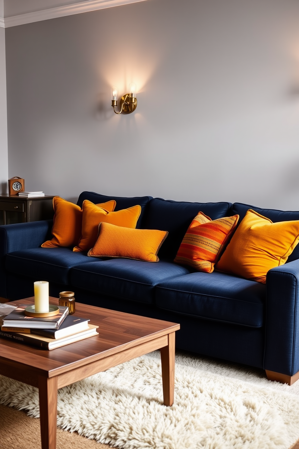 A cozy navy sectional is positioned against the wall, adorned with warm accent pillows in shades of mustard and burnt orange. Soft lighting from stylish sconces creates an inviting atmosphere in the room. The walls are painted a soft gray, complementing the rich navy of the sectional. A plush area rug in cream adds warmth to the space, while a small wooden coffee table holds a stack of books and a decorative candle.