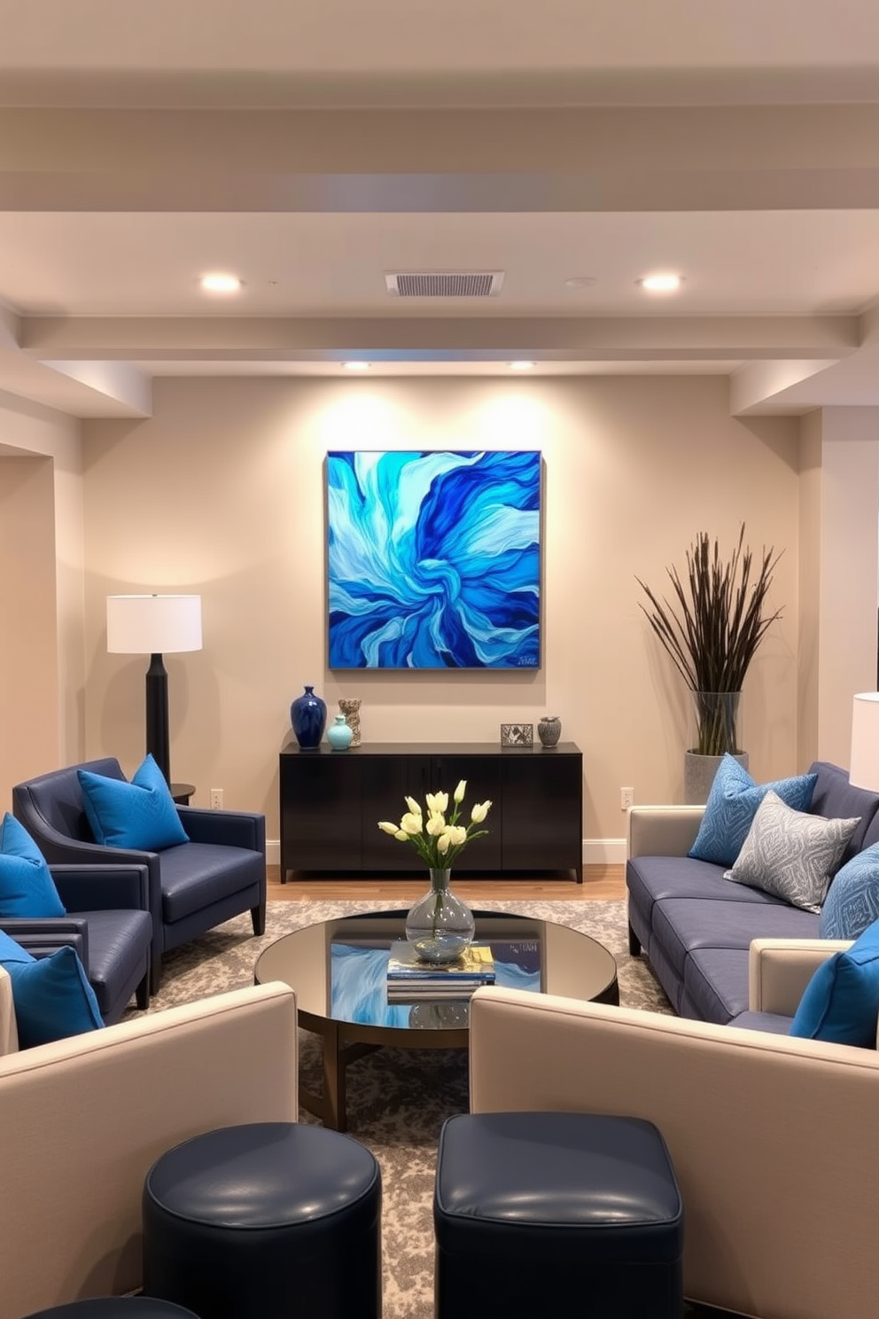 A cozy basement retreat featuring denim blue bean bags arranged around a low wooden coffee table. The walls are painted in a soft gray, complemented by warm lighting that creates an inviting atmosphere. In one corner, a small bookshelf filled with colorful decor adds personality to the space. Large windows allow natural light to filter in, enhancing the relaxed vibe of the denim blue basement design.