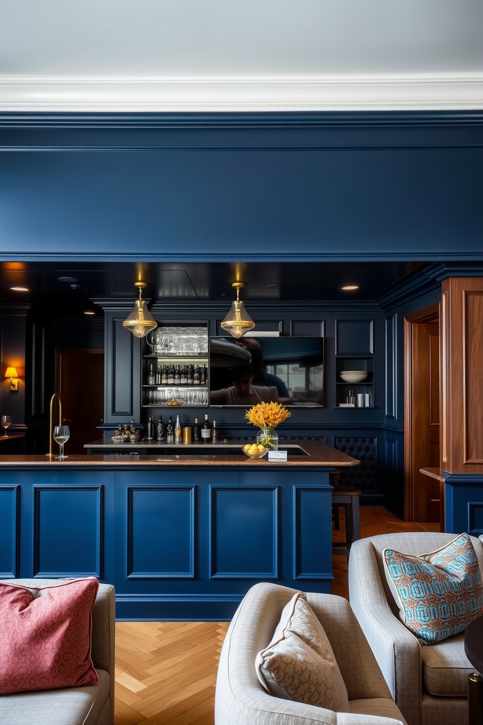 A stylish navy blue bar with gold fixtures creates an inviting atmosphere. The bar is adorned with elegant glassware and illuminated by soft pendant lighting. The basement features a cozy lounge area with plush seating and a large flat-screen TV. Rich wooden accents complement the navy blue walls, adding warmth to the space.