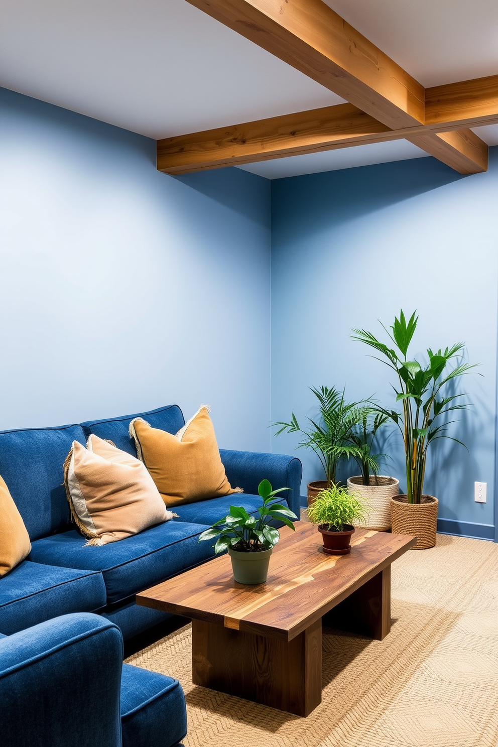 A stylish basement retreat featuring a blue and gray color palette. The walls are painted in a soft gray, complemented by deep blue accents in the furniture and decor. A cozy seating area includes a plush gray sectional sofa adorned with blue throw pillows. The flooring is a rich blue carpet, creating a warm and inviting atmosphere throughout the space.