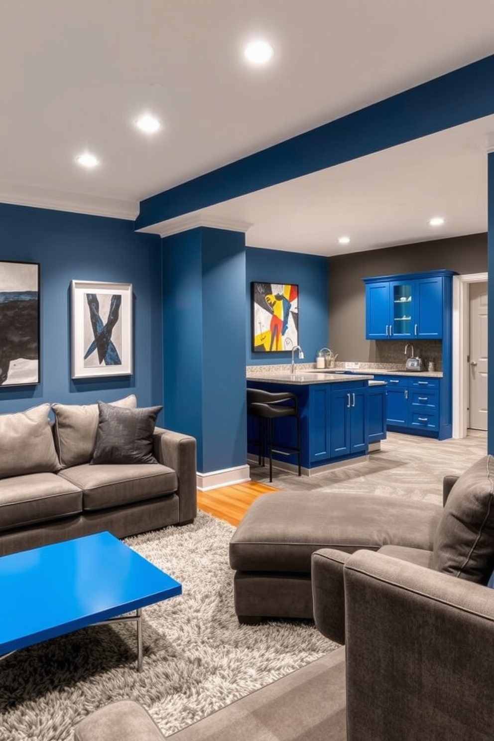 A modern basement design featuring blue and gray color-blocked walls creates a striking visual impact. The space includes a cozy seating area with plush gray sofas and a sleek blue coffee table, complemented by contemporary artwork on the walls. In one corner, a stylish bar area showcases blue cabinetry and gray countertops, perfect for entertaining guests. Soft lighting highlights the design elements, while a plush area rug adds warmth and comfort to the overall aesthetic.