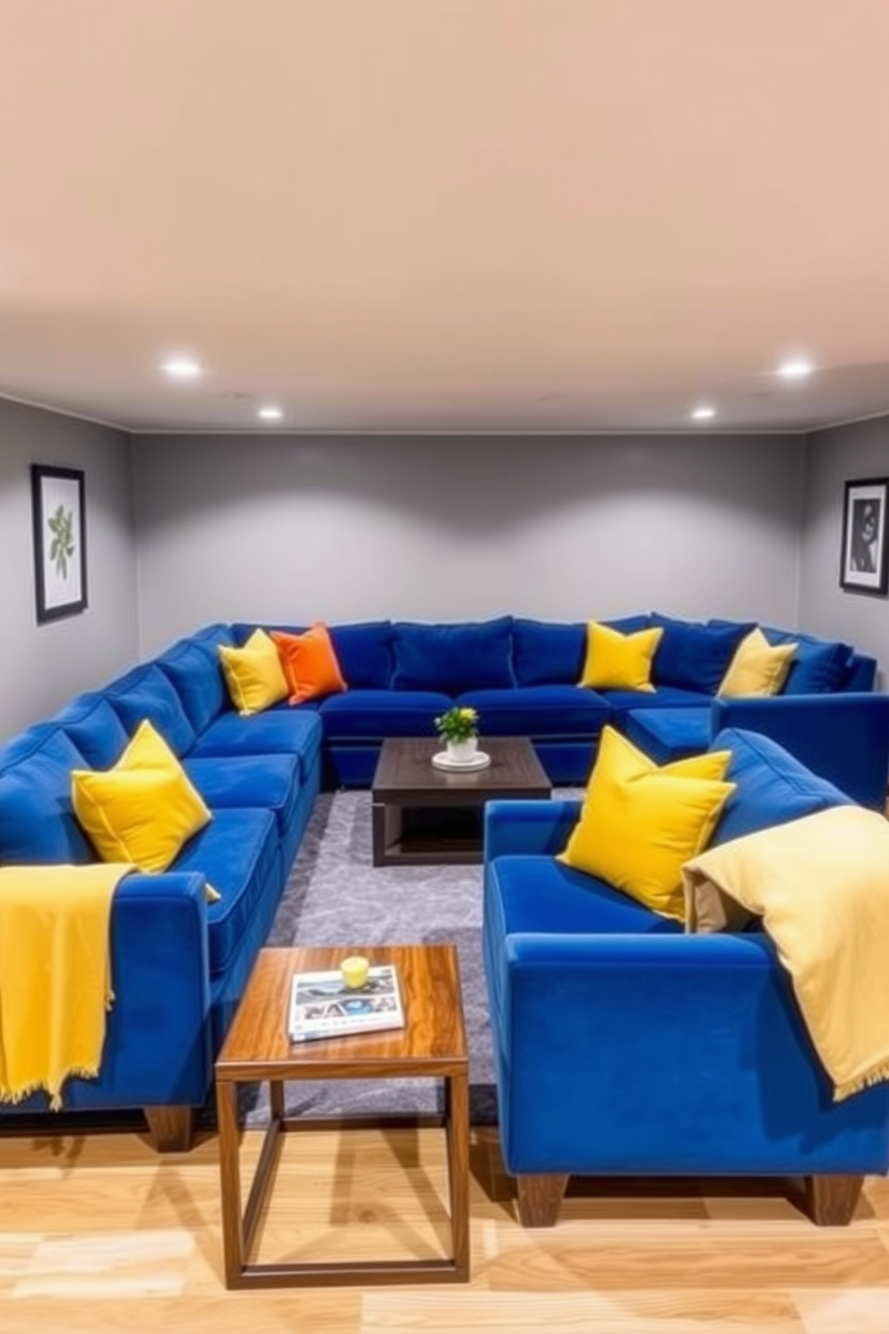 A cozy basement designed with bold blue furniture that stands out against a backdrop of soft gray walls. The space features a plush blue sectional sofa paired with vibrant yellow and orange accent pillows, creating a lively atmosphere. Incorporate a sleek coffee table in a rich wood finish to complement the blue tones. The flooring is a warm, light-colored wood that adds contrast and warmth to the overall design.