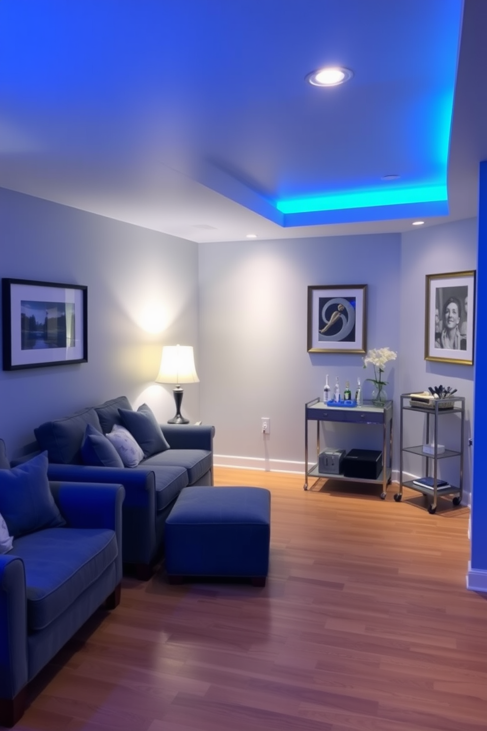 A serene basement retreat featuring soft blue lighting that creates a relaxed ambiance. The walls are painted in a calming light gray, complemented by plush seating in muted blue tones. The flooring is a warm wood, providing a cozy contrast to the cool lighting. Decorative elements include a stylish bar cart and framed artwork that enhances the tranquil atmosphere.