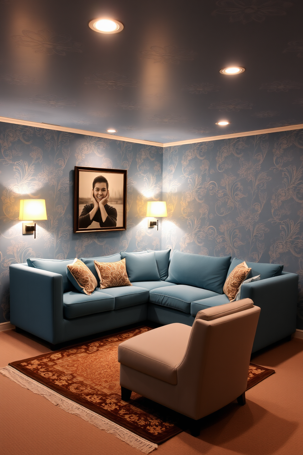 A pastel blue ceiling creates an airy and spacious atmosphere in the basement. The walls are painted in a soft white, complementing the light hue of the ceiling and enhancing the overall brightness of the space. Incorporate cozy seating with plush sofas and accent chairs to create a welcoming area. Add a stylish coffee table and warm lighting fixtures to complete the inviting basement design.