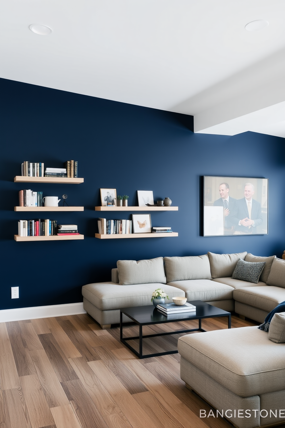 A cozy basement retreat featuring blue reclaimed wood shelves that add character to the space. The walls are painted in a soft gray, and plush seating is arranged around a modern coffee table.