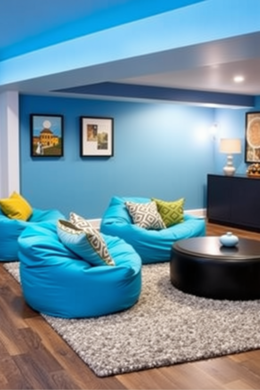 A serene blue basement design featuring elegant floral arrangements that bring a touch of freshness to the space. The walls are painted in a soft blue hue, complemented by plush seating and strategically placed decorative elements that enhance the overall aesthetic.