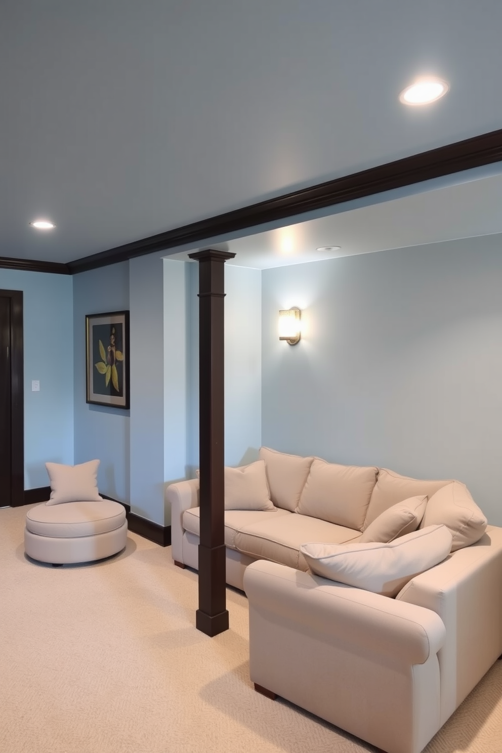 A cozy basement with light blue walls that create a calming atmosphere. The dark wood trim adds a touch of elegance and warmth to the space. Plush furniture in neutral tones is arranged for comfort and relaxation. Soft lighting fixtures illuminate the area, enhancing the inviting ambiance.