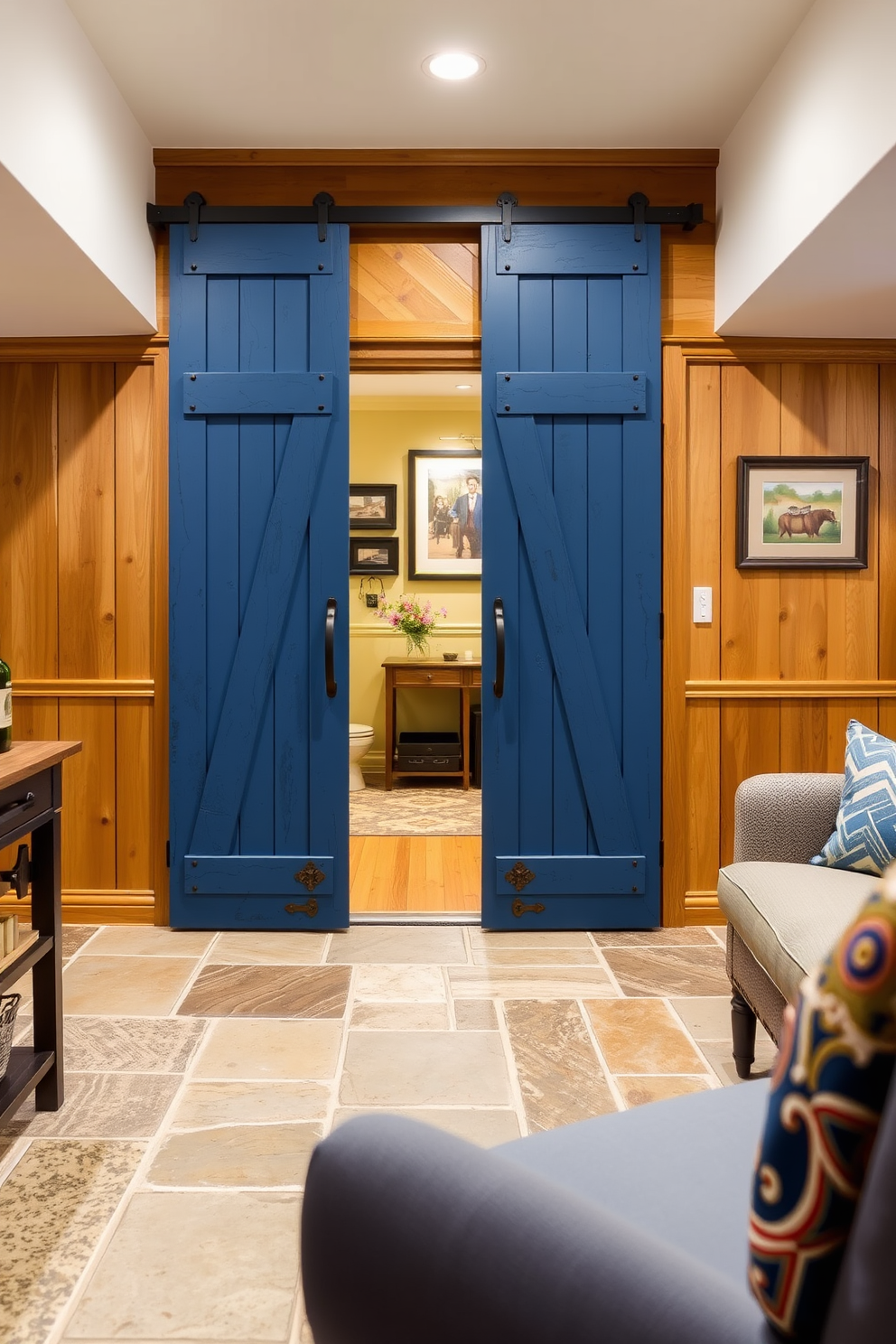 A stylish basement designed with a blue and gold color palette. The walls are painted a deep navy blue, while gold accents are incorporated through light fixtures and decorative trim. Plush seating in rich blue fabric is arranged around a sleek coffee table with a gold finish. A large area rug features a subtle geometric pattern in blue and gold tones, adding warmth and sophistication to the space.