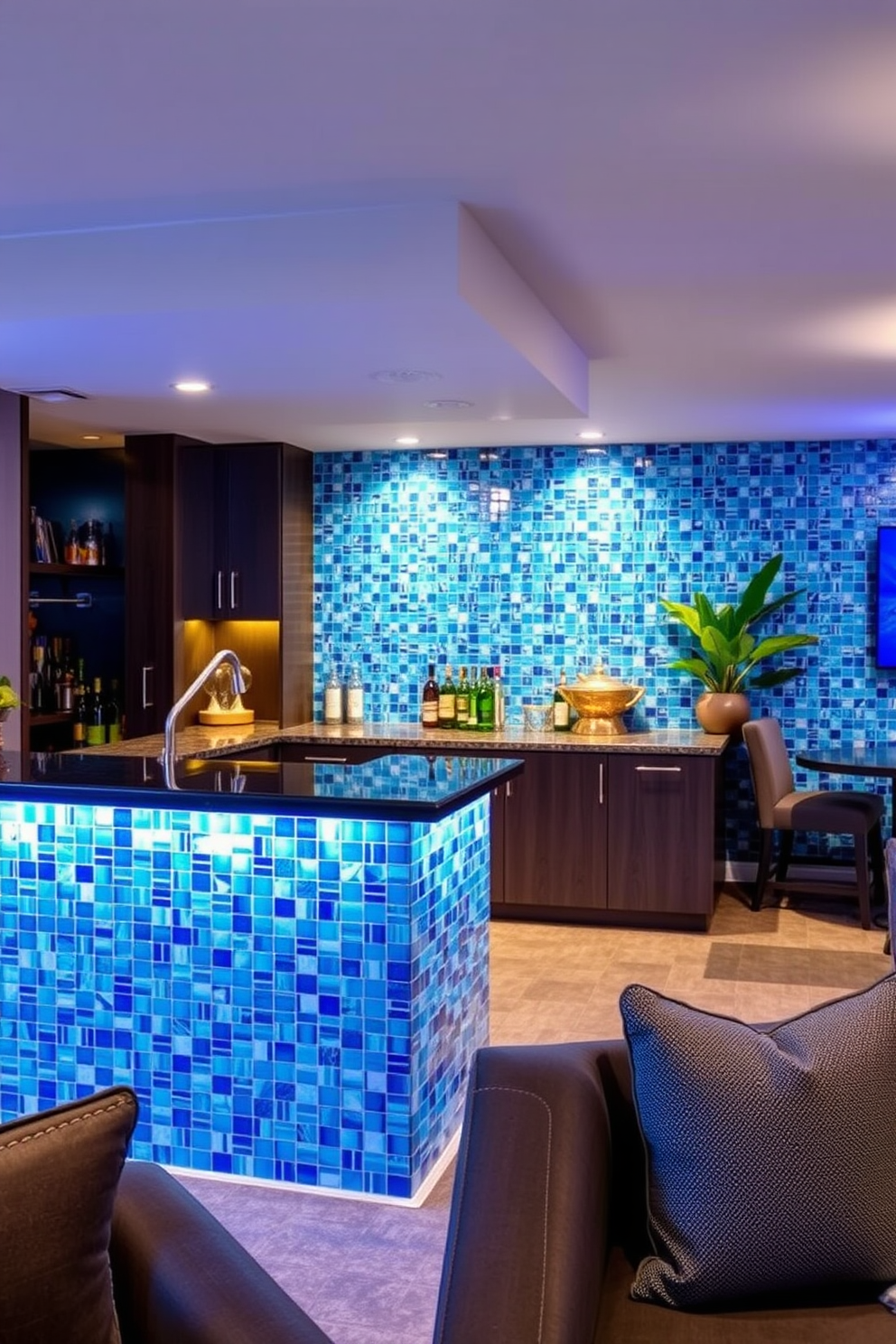 A stylish wet bar area featuring blue mosaic tiles that create a vibrant and inviting atmosphere. The bar is complemented by sleek cabinetry and modern fixtures, enhancing the overall aesthetic. A cozy basement design that incorporates blue tones throughout the space. Comfortable seating arrangements and ambient lighting create a perfect environment for relaxation and entertainment.