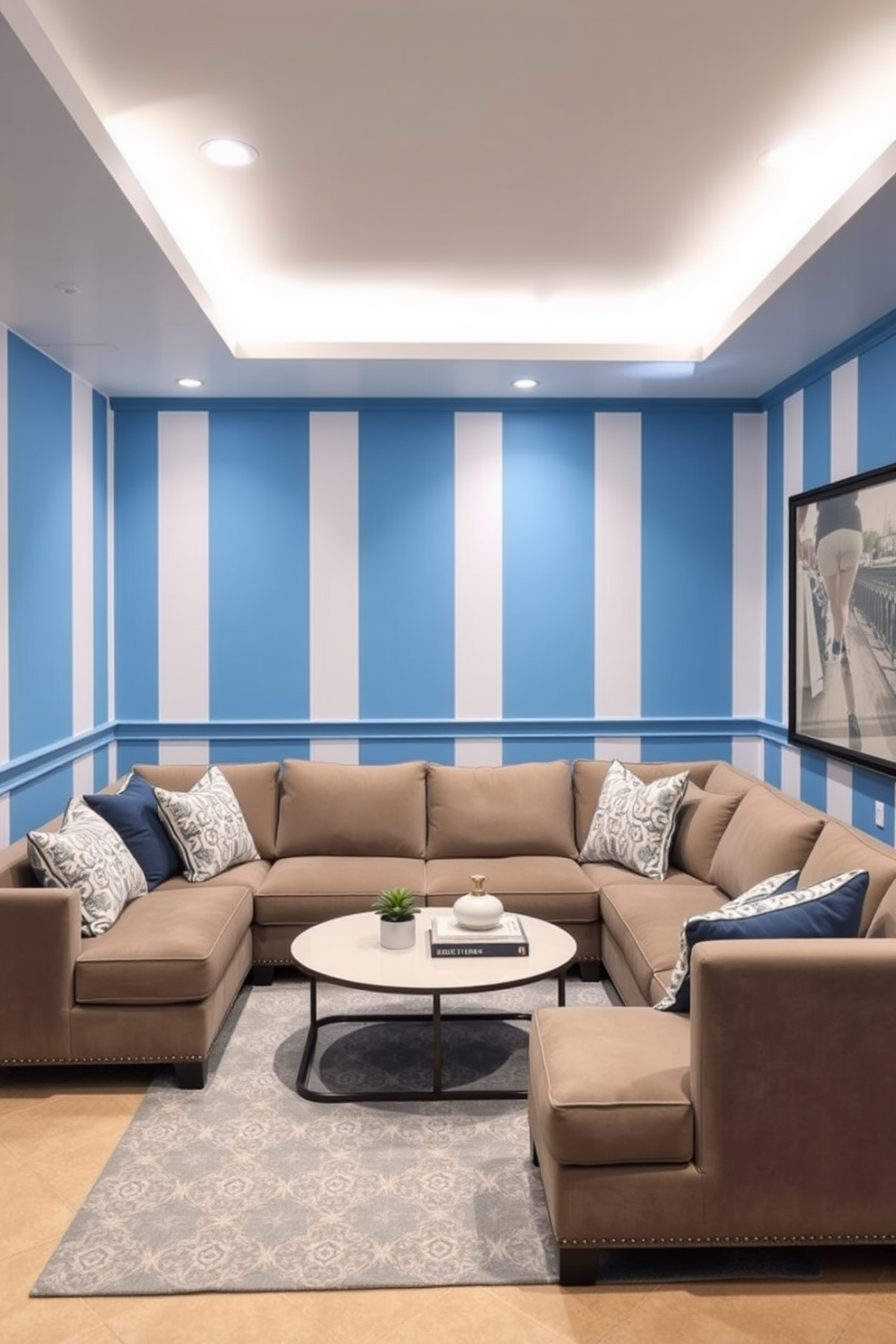 A stylish basement design featuring blue and white striped wallpaper that adds a fresh and vibrant touch to the space. The room includes a cozy seating area with a plush sectional sofa and a chic coffee table, creating an inviting atmosphere for relaxation and entertainment.