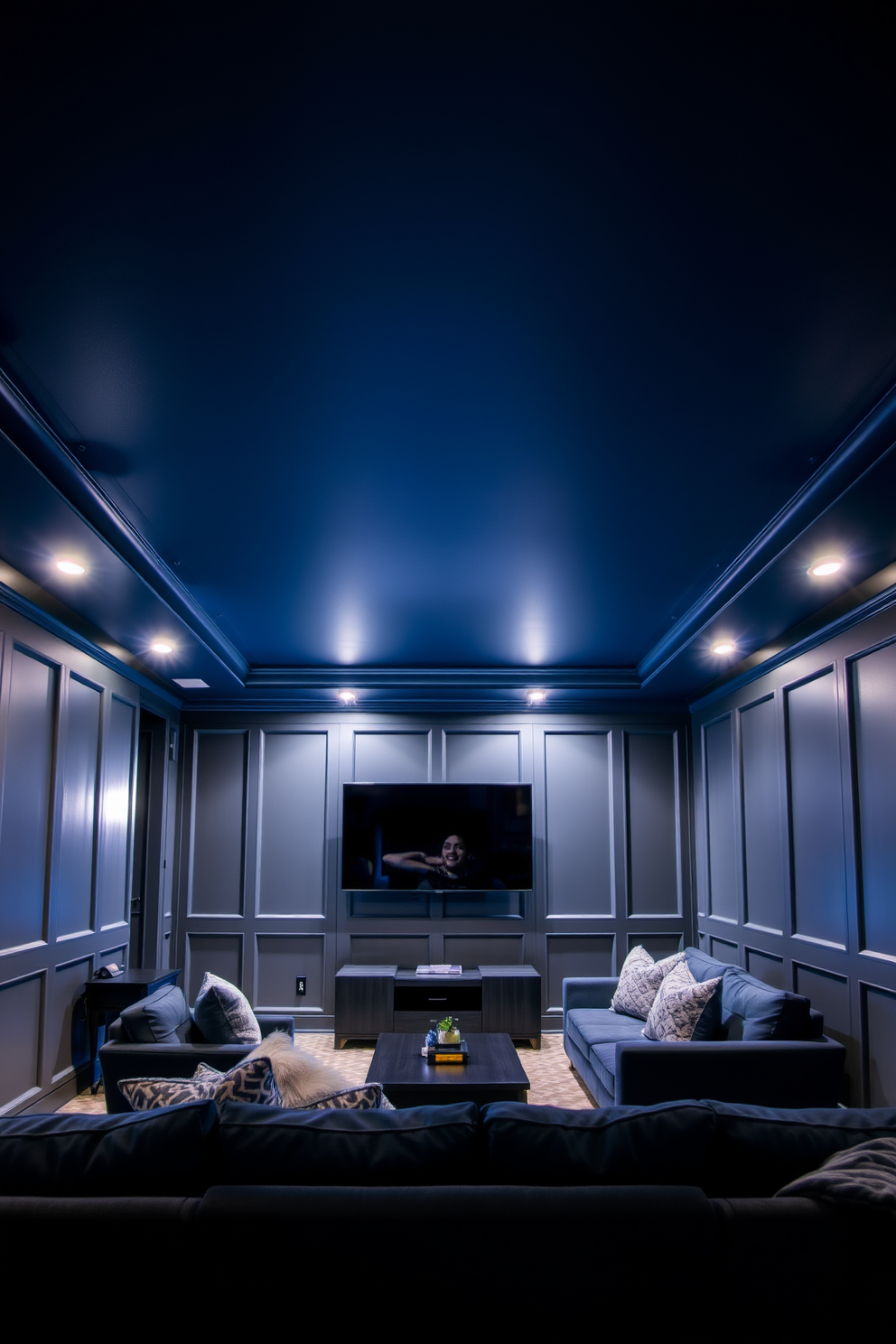 A stunning basement retreat featuring a dark blue ceiling that creates a dramatic atmosphere. The walls are adorned with sleek gray paneling, and plush seating arrangements invite relaxation and conversation.