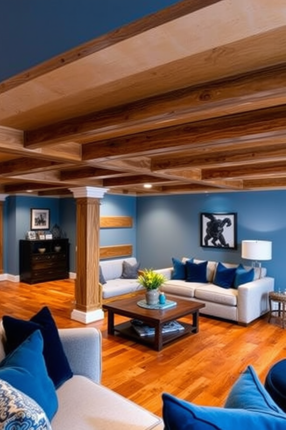 A stylish basement designed with cool blue tones complemented by warm wood accents. The walls are painted in a soft blue hue, while the ceiling features exposed wooden beams that add warmth to the space. The flooring is a rich hardwood that contrasts beautifully with the blue decor. Cozy seating arrangements with plush cushions in varying shades of blue create an inviting atmosphere for relaxation.