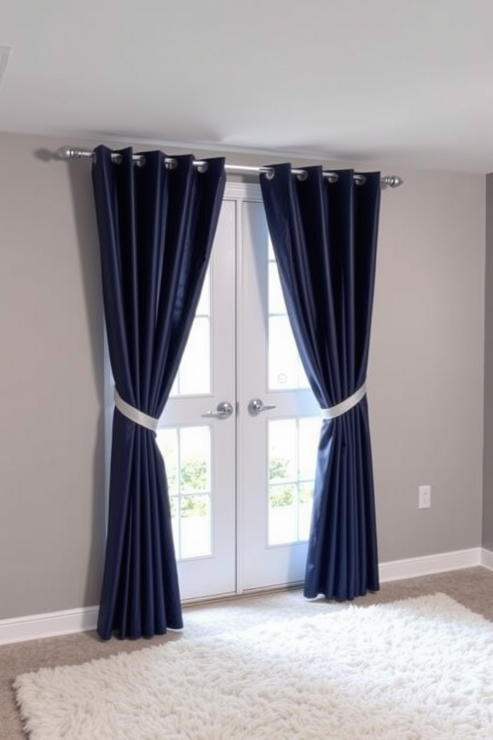 A stylish basement space featuring navy blue curtains elegantly draped on metallic rods. The walls are painted in a soft gray, complemented by a plush area rug that adds warmth to the room.