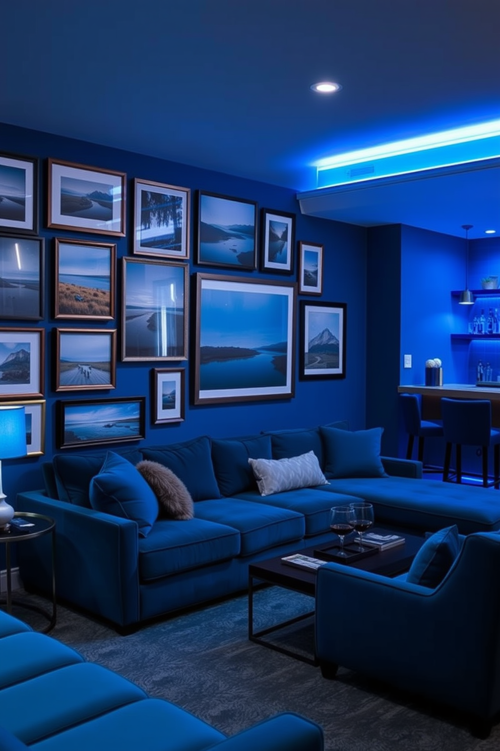 A blue-themed gallery wall featuring a mix of framed artwork and photographs in various shades of blue. The wall is adorned with a combination of abstract pieces and serene landscapes, creating a cohesive yet dynamic display. A cozy blue basement designed for relaxation and entertainment. The space includes a plush sectional sofa, a stylish coffee table, and a bar area with blue accents, all illuminated by soft ambient lighting.